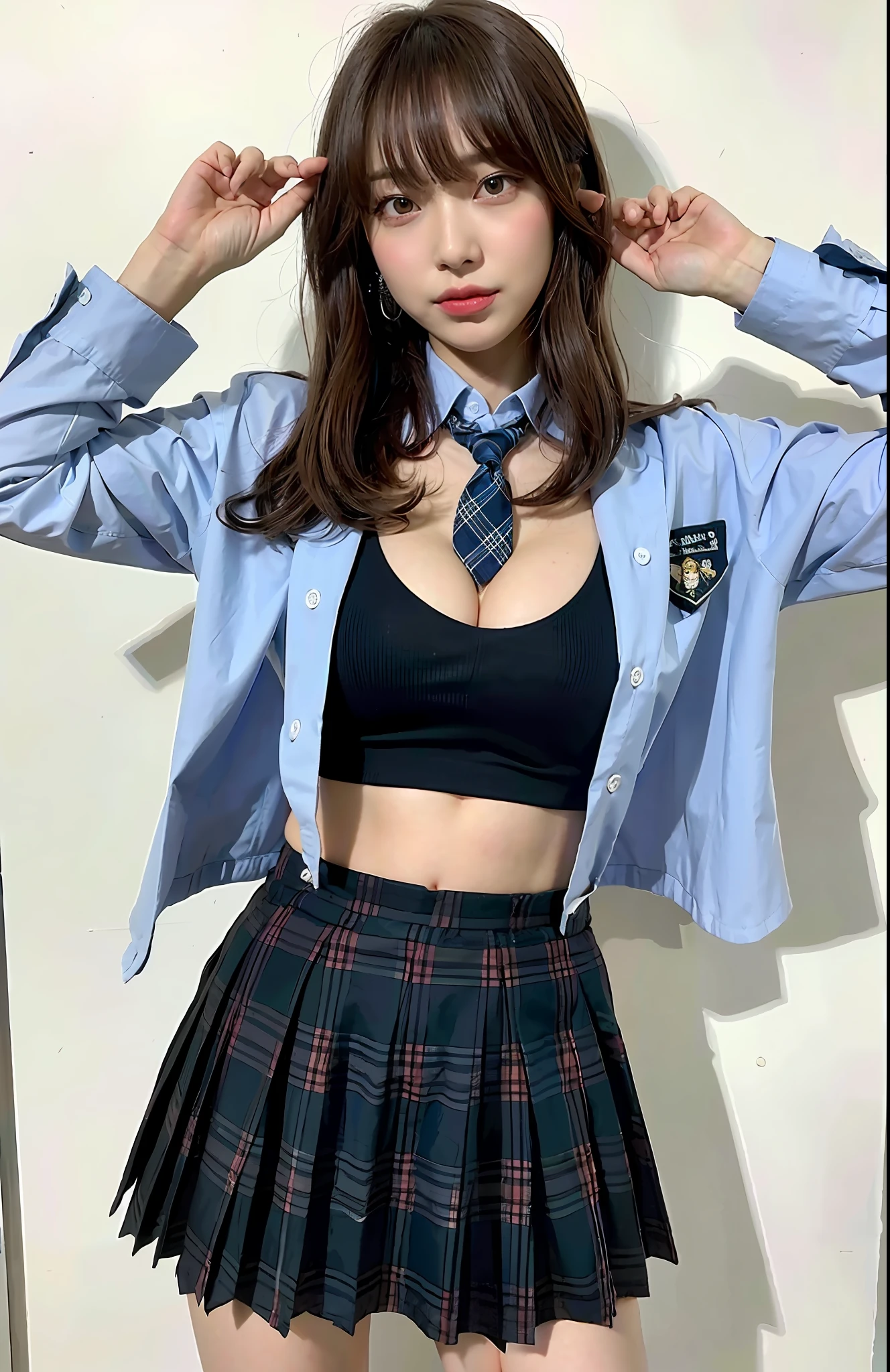 masterpiece, best quality, (realistic, photo-realistic:1.4), (RAW photo:1.2), extremely detailed CG unity 8k wallpaper, an extremely delicate and beautiful, amazing, finely detail, official art, absurdres, incredibly absurdres, huge filesize, ultra-detailed, extremely detailed, beautiful detailed girl, extremely detailed eyes and face, beautiful detailed eyes, light on face, nsfw, 1girl, cute, looking at viewer, (perfect female figure), slim waist, (kpop idol), (aegyo sal:1), full body, large breasts, crawling, school uniform, plaid skirt, collared shirt, midriff, thick lips, unbuttoned, tight clothes, open clothes,, bangs, ulzzang-6500-v1.1