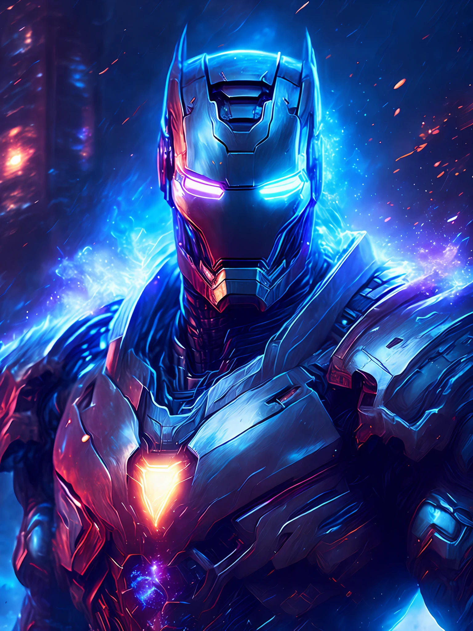 gloomy portrait of God Iron Man from Marvel, extremely detailed, futuristic cityscape, nighttime, glowing neon lights, smoke, sparks, metal shavings, flying debris, blue energy effects, volumetric light