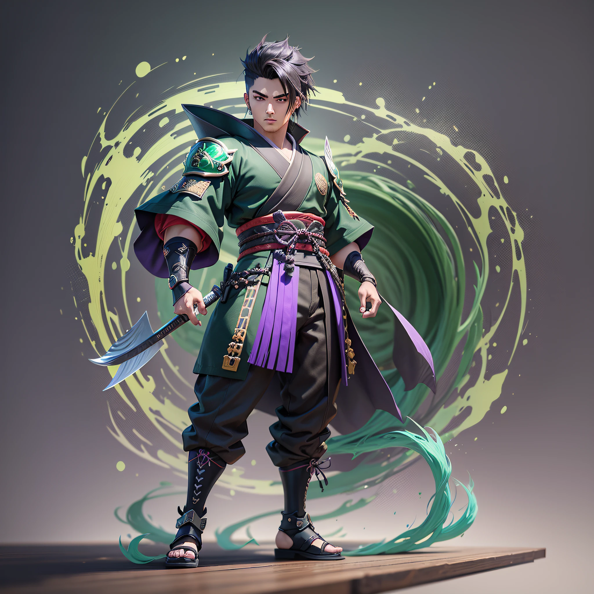 young boy, anime, black hair, samurai, black kimono with green detales, full body, 3d model, render, anime cel shading, blander, unreal engine 5, cartoon, fullbody, vibrant colors, league of legends splash art style, fire vfx green and purple, strong colors, saturation, vibrant, black background, boy, hair stuck with samurai bun and two locks of bangs
