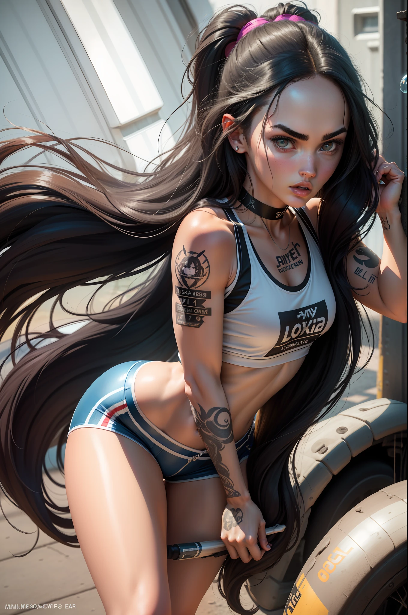 loli Megan Fox, high detail, 8k, long hair, 2girl, bubble ass, short top, sports shorts, choker, small, thigh tattoo, cameltoe, bend over