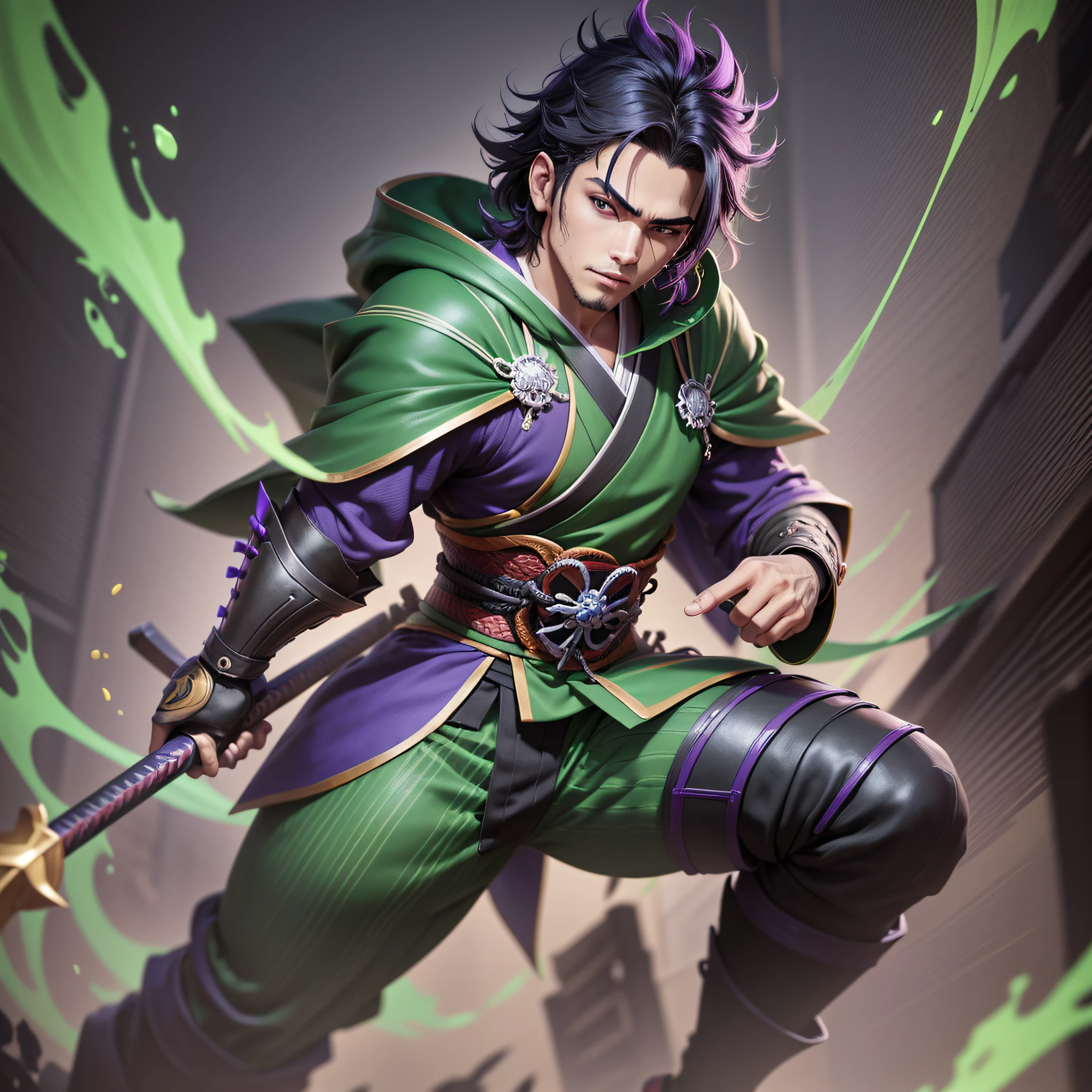 young boy, anime, black hair, samurai, black kimono with green detales, full body, 3d model, render, anime cel shading, blander, unreal engine 5, cartoon, fullbody, vibrant colors, league of legends splash art style, fire vfx green and purple, strong colors, saturation, vibrant, black background, boy,