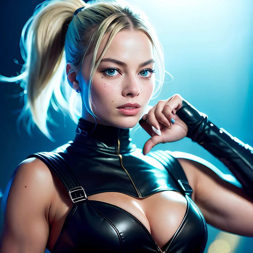 MARGOT ROBBIE as street fighter character with a black armor with a well-defined neckline good lighting ultrarealistic photo 4k