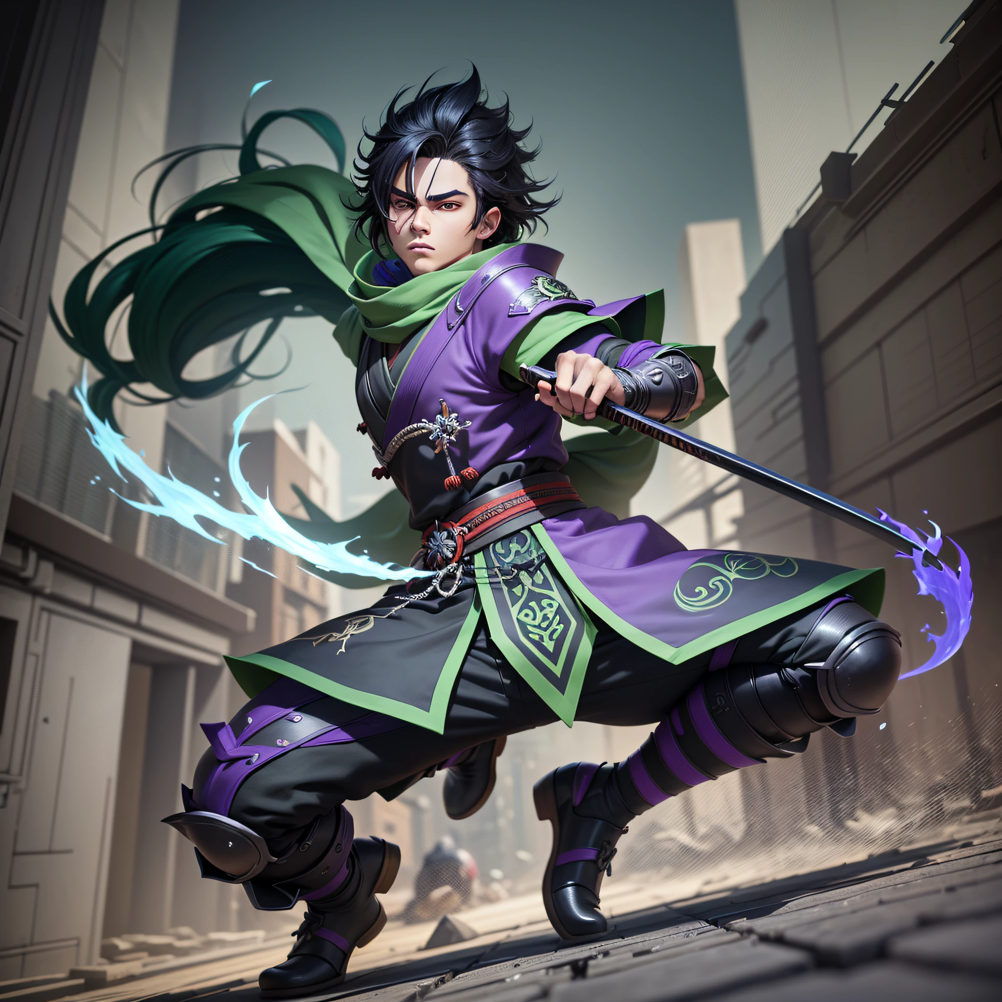 young boy, anime, black hair, samurai, black kimono with green detales, full body, 3d model, render, anime cel shading, blander, unreal engine 5, cartoon, fullbody, vibrant colors, league of legends splash art style, fire vfx green and purple, strong colors, saturation, vibrant, black background, boy,