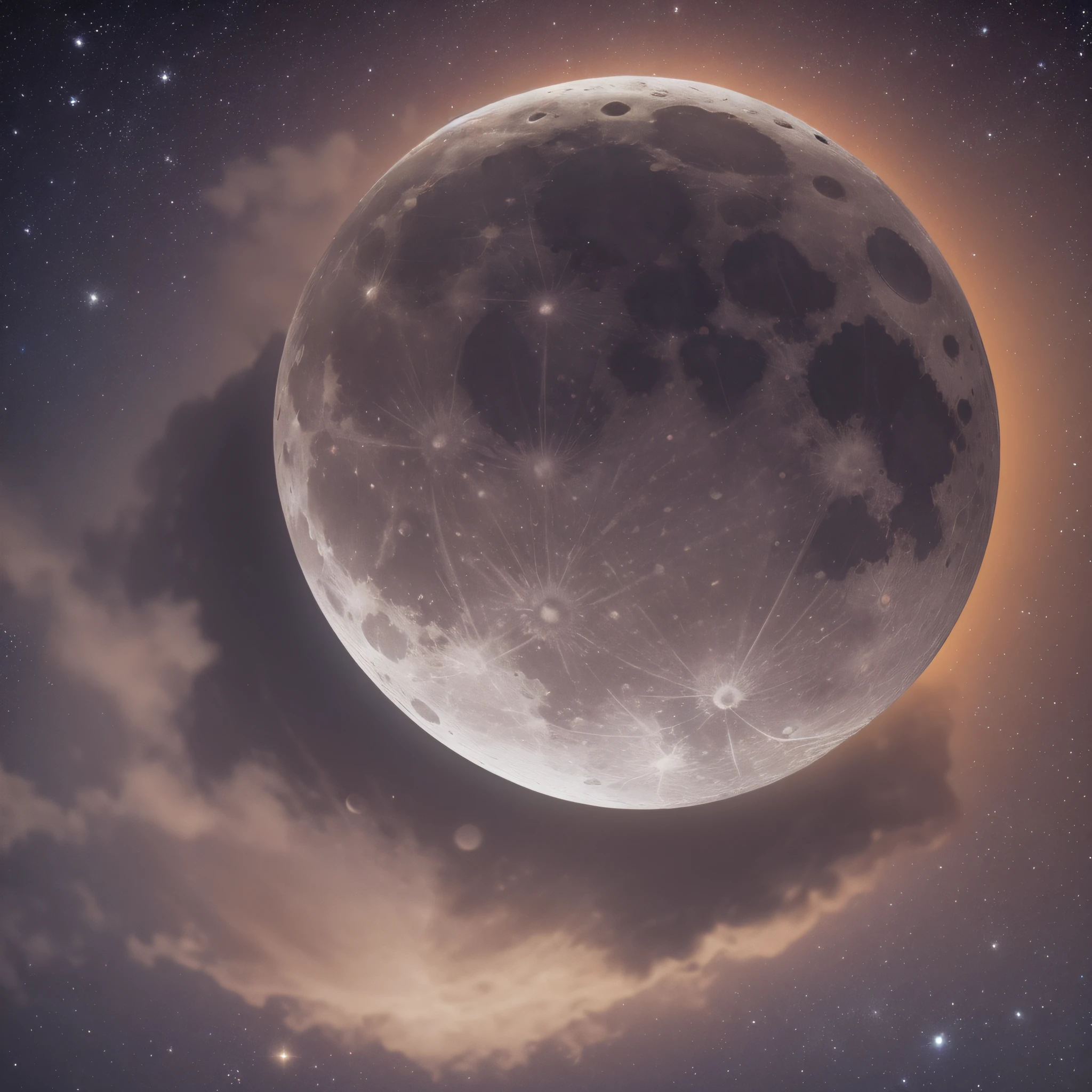 smiling moon in sky, clear background, depth of field, large aperture, photography, night, small stars, halo, dramatic atmosphere, center, rule of thirds, 200mm 1.4f macro shot