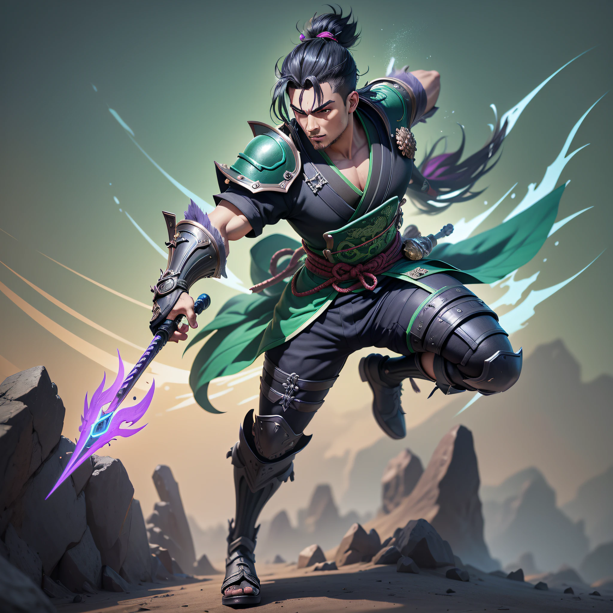 young boy, anime, black hair, samurai, black kimono with green detales, full body, 3d model, render, anime cel shading, blander, unreal engine 5, cartoon, fullbody, vibrant colors, league of legends splash art style, fire vfx green and purple, strong colors, saturation, vibrant, black background,