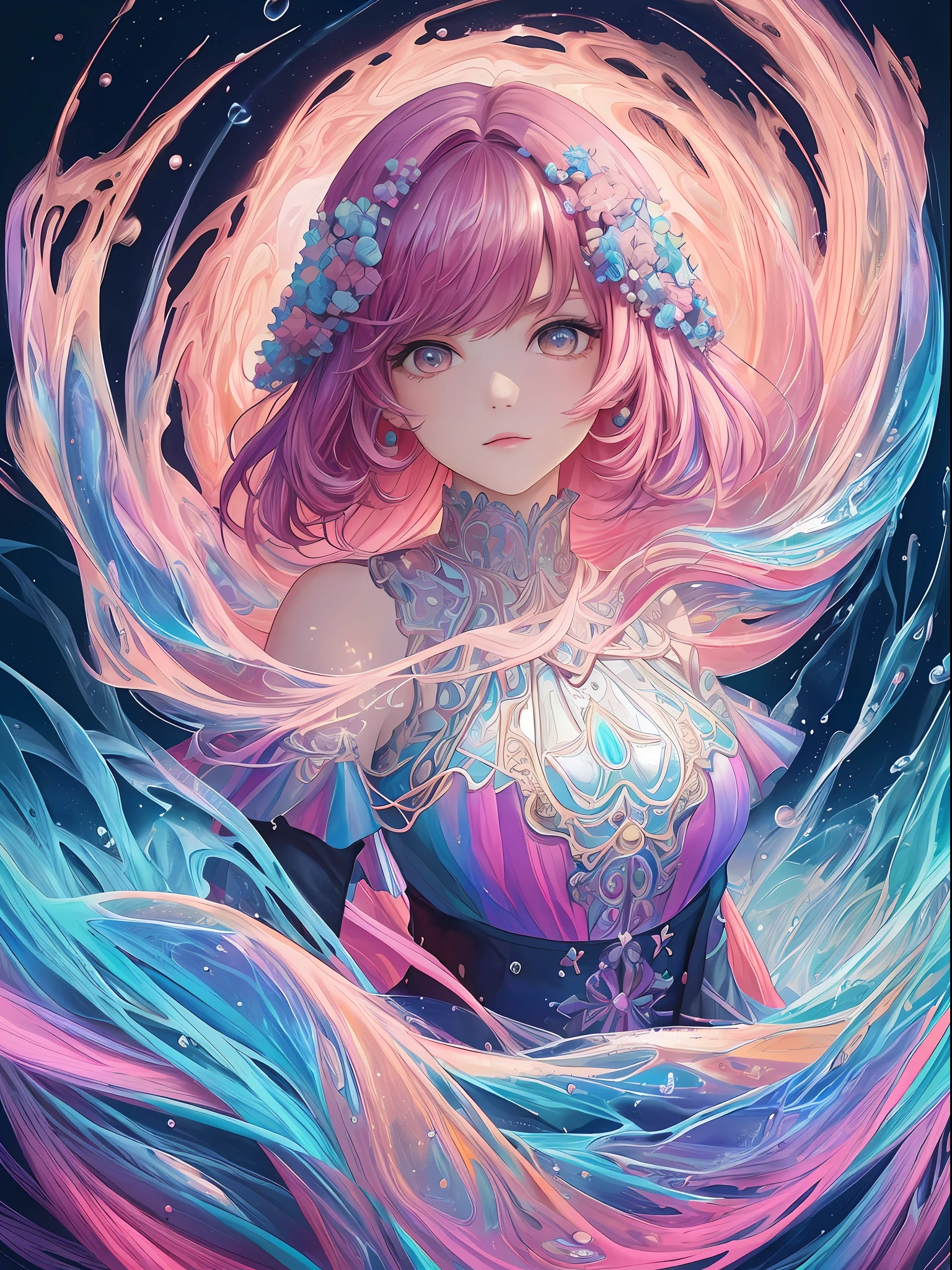 (Masterpiece, Top Quality, Best Quality, Official Art, Beautiful and Aesthetic: 1.2), (1 Girl: 1.3), (Fractal Art: 1.3), Upper Body, Watching Viewer, Pattern, (Iridescent Hair, Colorful Hair, Pink Hair: 1.2), Water, Liquid, Night, Luminescent Girl
