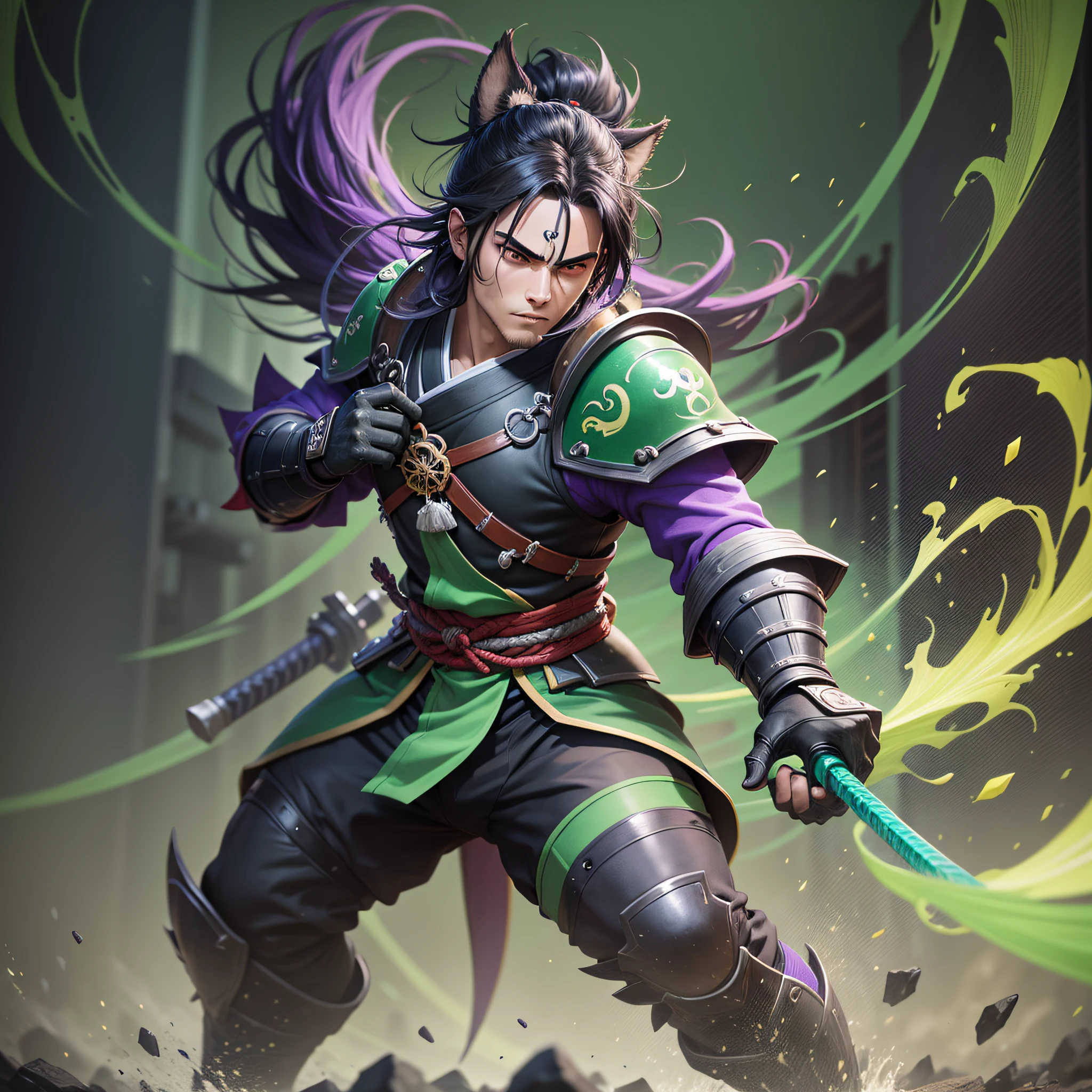 young boy, anime, black hair, samurai, black kimono with green detales, full body, 3d model, render, anime cel shading, blander, unreal engine 5, cartoon, fullbody, vibrant colors, league od legends splash art style, fire vfx green and purple, strong colors, saturation, vibrant, black background, ossea armor