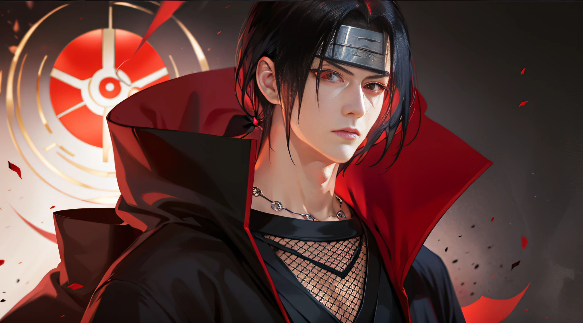 (masterpiece, best quality:1.2), red theme, solo, male focus, 1boy, uchiha itachi, expressionless, closed mouth, looking at viewer, forehead protector, ninja, cloak, high collar, jewelry, necklace