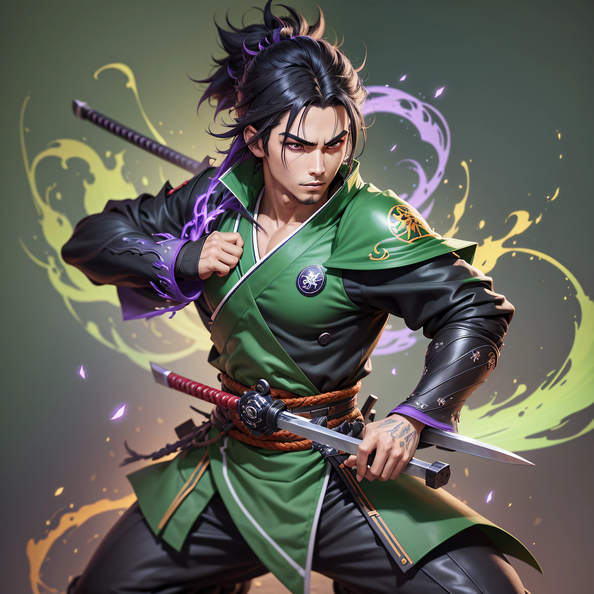 young boy, anime, black hair, samurai, black kimono with green detales, full body, 3d model, render, anime cel shading, blander, unreal engine 5, cartoon, fullbody, vibrant colors, league od legends splash art style, fire vfx green and purple, strong colors, saturation, vibrant, black background