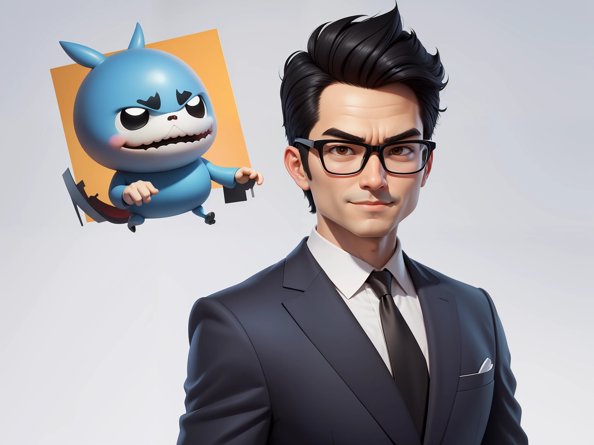(Masterpiece), (Excellent), (Super Meticulous), (Full Body: 1.2), Super Young Man, Oriental Face, TV Anchor, Bust Portrait Illustration, Alone, Black Suit, Blue Tie, Silver Glasses, Slightly Chubby Face, Very Clean Face, No Beard, Black Super Short Hair, Black Eyes, Confident Smile, 3c Computer Sub-Products, iPad, iPhone, Digital Painting, 3D Character Design by Mark Clairen and Pixar and Hayao Miyazaki, the illustration is HD illustration in 4K resolution, With very detailed facial features and cartoon-style visuals.
