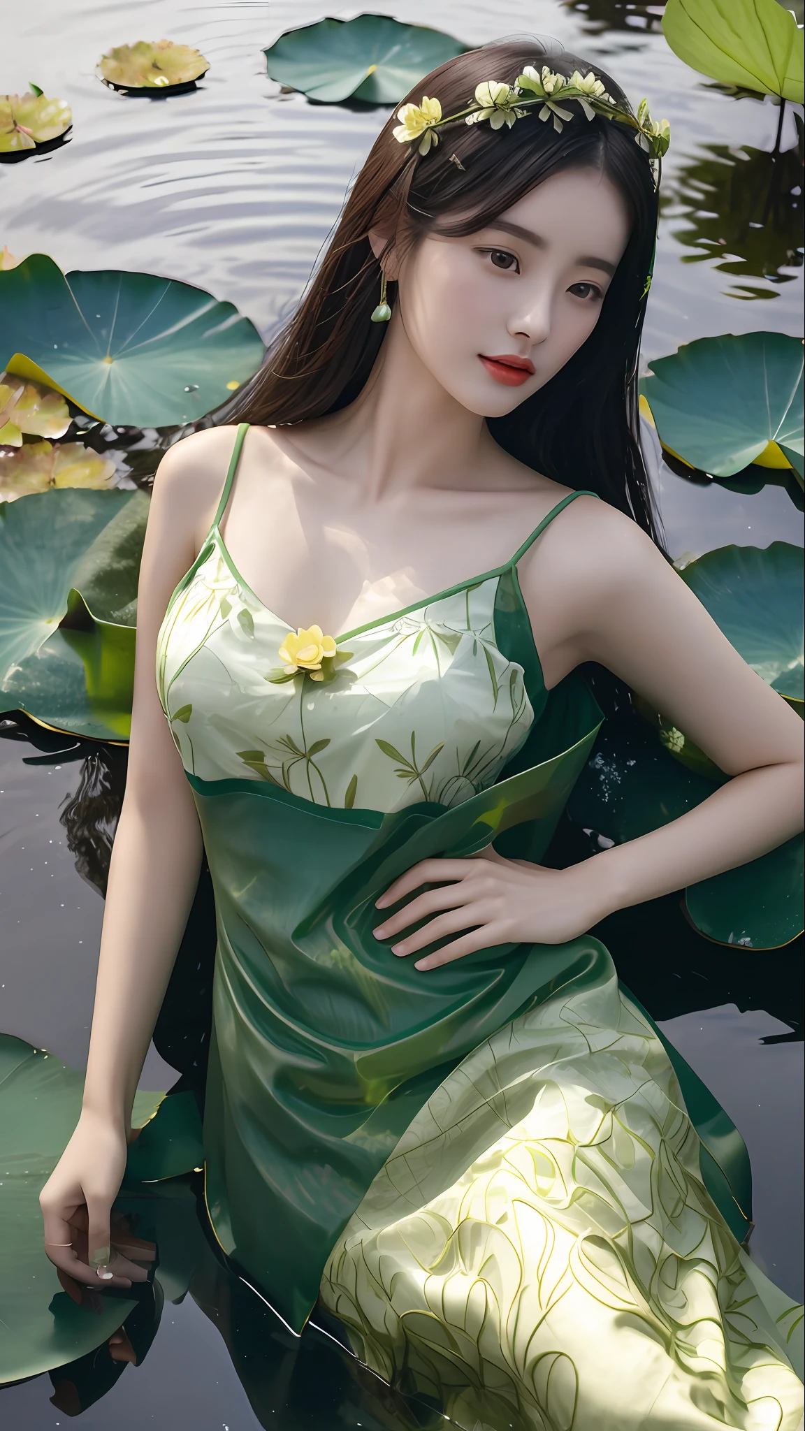 araffe woman in a green dress sitting in a pond of water, gorgeous chinese model, inspired by Lan Ying, waterlily mecha nymphaea, inspired by Chen Yifei, inspired by Xie Sun, inspired by Wu Bin, inspired by Ju Lian, by Leng Mei, cheongsam, inspired by Huang Ji, inspired by Qiu Ying