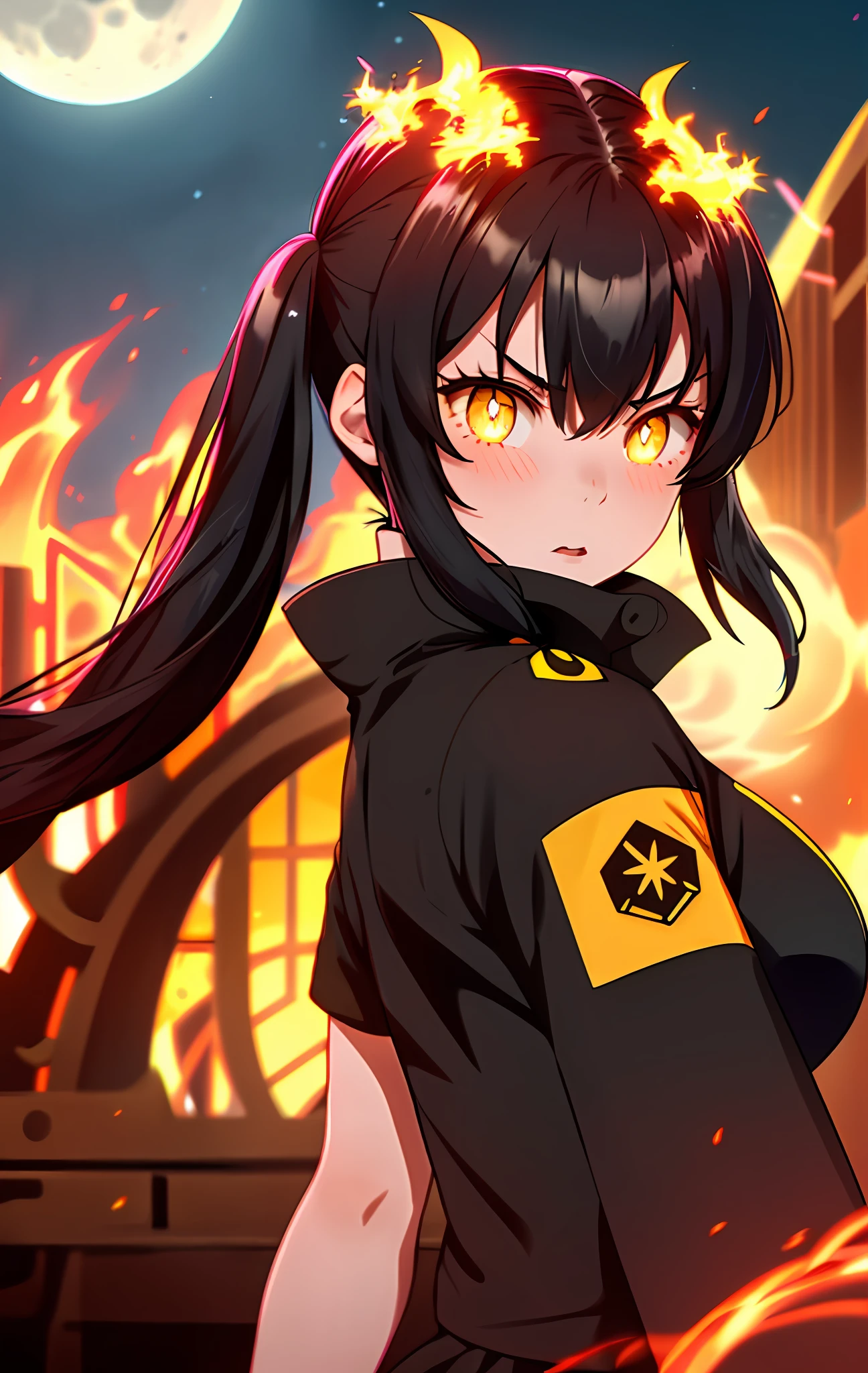 Tamaki \(fire force\), 1girl, bangs, black hair, colored tips, close up, from behind, yellow eyes, dress, no sleeves, looking at viewer, long hair, moon, black hair, parted bangs, parted lips, black hair, portrait, red eyeliner, red lips, solo, kissing viewer