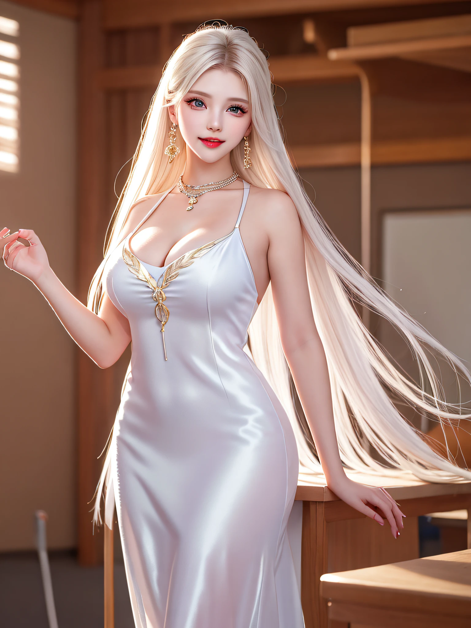 Female teacher standing in the classroom v6, necklace, earrings, full body v6, long white hair, translucent clothes, visible, superb, ultra-high-definition, RAW photo, realism: 1.25), (bright lip gloss, long eyelashes, smooth face, light skin, natural shadows, wide light, wide light, depth of field, strong colors, subtle caustics: 0.8), smile, (big tits), v6