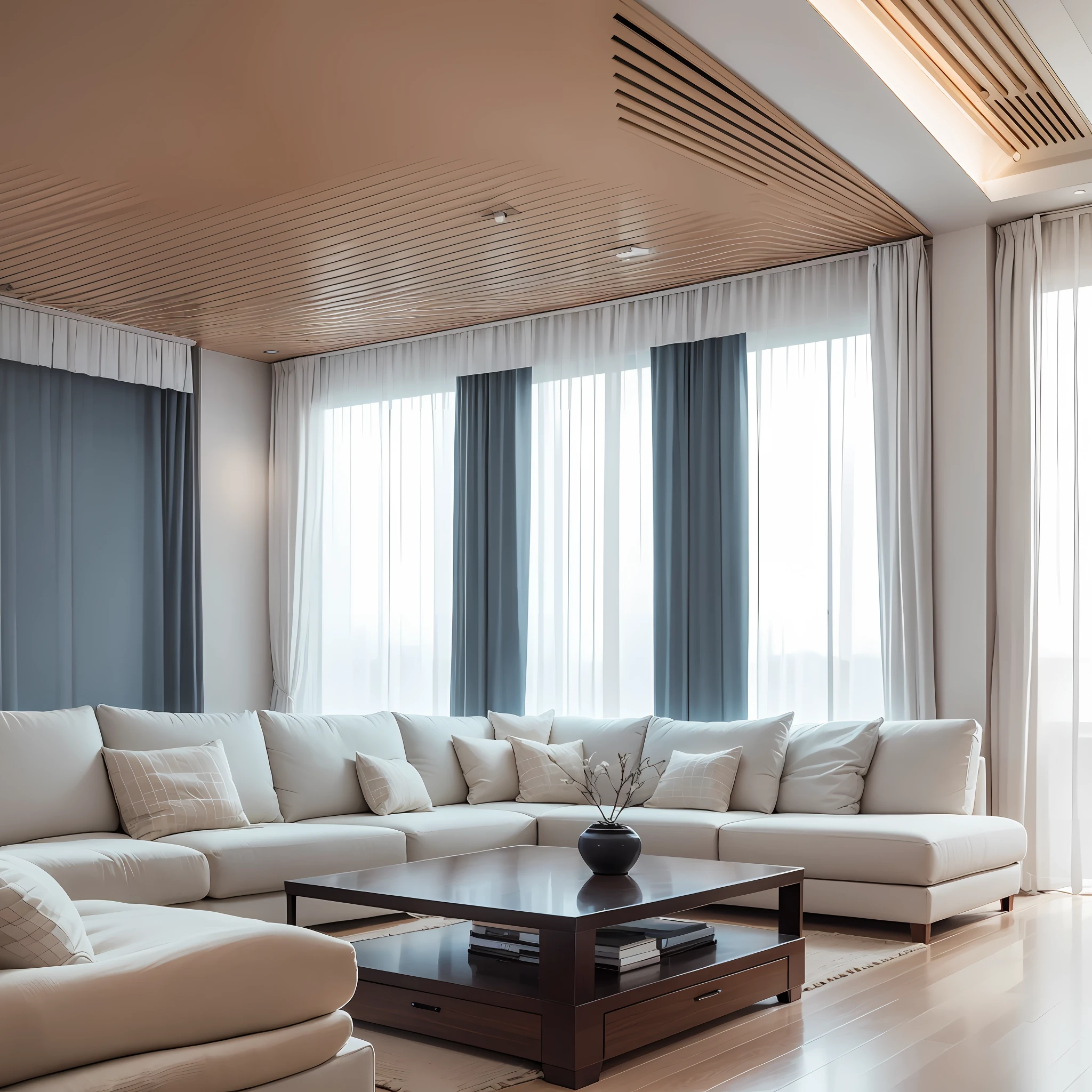 minimalist, living room, (diagonal lens), ultra-detailed background, high resolution, white sofa, coffee table, interior, curtains, suspended ceiling, --auto --s2