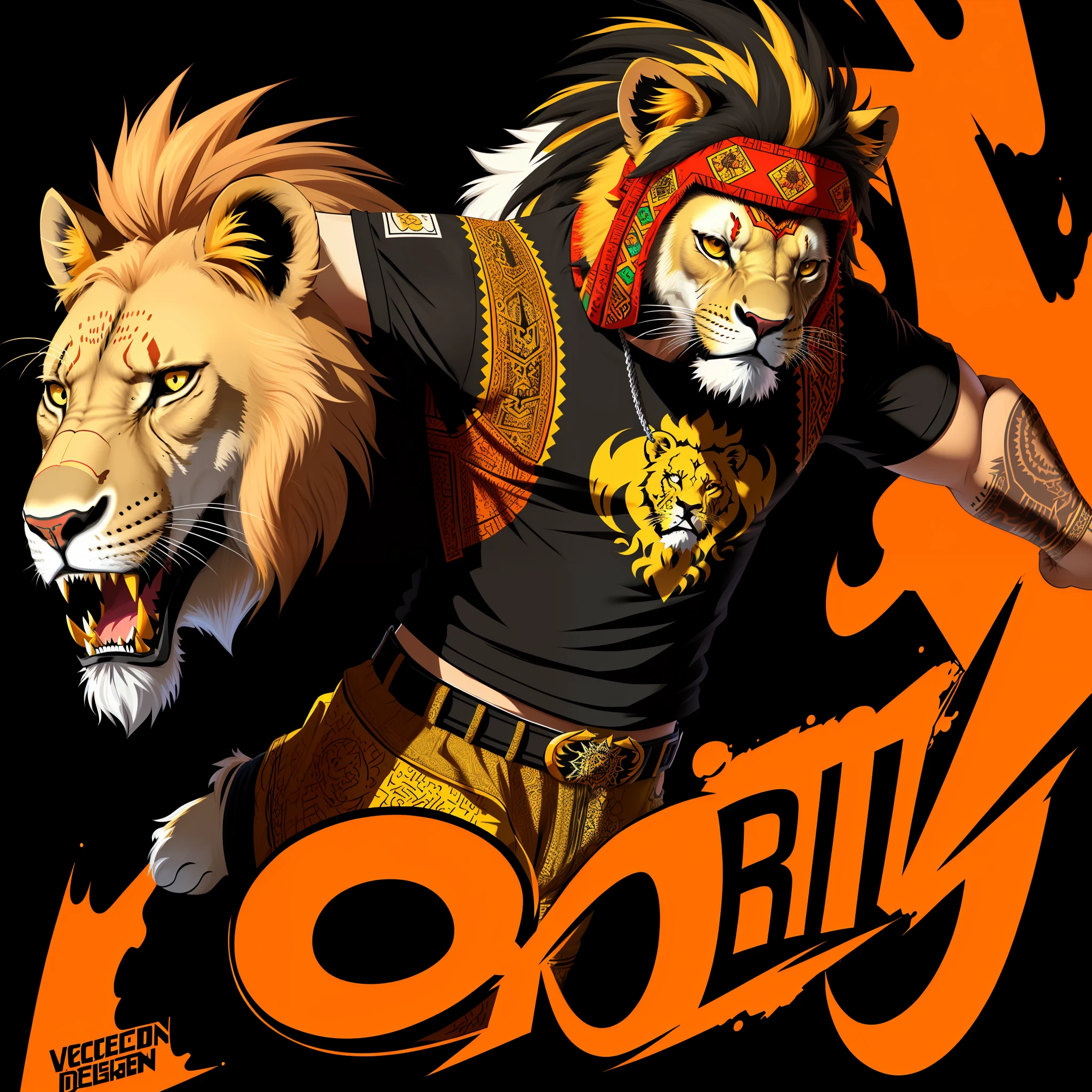 Vector design for a tshirt on a black background. Design includes ::lion::, dressed in Moroccan, realistic, punkcore, bright colors, detailed design, pixar, colorful