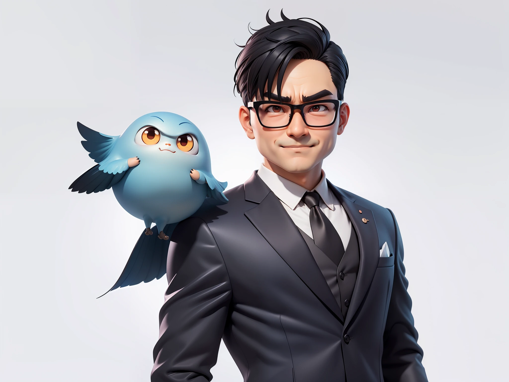 (Masterpiece), (Excellent), (Super Meticulous), (Full Body: 1.2), Super Young Man, Oriental Face, TV Anchor, Bust Portrait Illustration, Alone, Black Suit, Blue Tie, Silver Glasses, Slightly Chubby Face, Very Clean Face, No Beard, Black Super Short Hair, Black Eyes, Confident Smile, 3c Computer Sub-Products, iPad, iPhone, Digital Painting, 3D Character Design by Mark Clairen and Pixar and Hayao Miyazaki, the illustration is HD illustration in 4K resolution, With very detailed facial features and cartoon-style visuals.