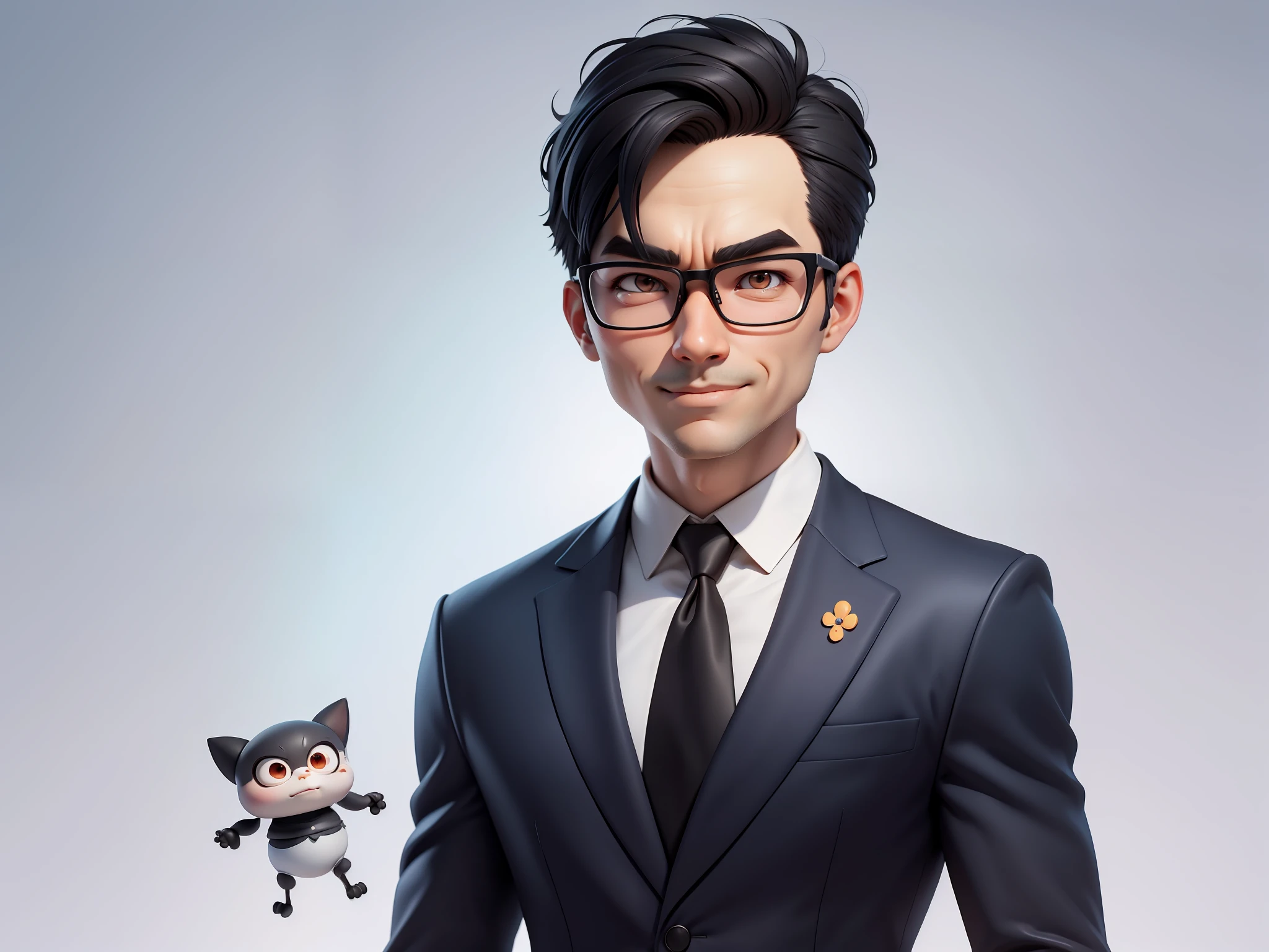 (Masterpiece), (Excellent), (Super Meticulous), (Full Body: 1.2), Super Young Man, Oriental Face, TV Anchor, Bust Portrait Illustration, Alone, Black Suit, Blue Tie, Silver Glasses, Slightly Chubby Face, Very Clean Face, No Beard, Black Super Short Hair, Black Eyes, Confident Smile, 3c Computer Sub-Products, iPad, iPhone, Digital Painting, 3D Character Design by Mark Clairen and Pixar and Hayao Miyazaki, the illustration is HD illustration in 4K resolution, With very detailed facial features and cartoon-style visuals.