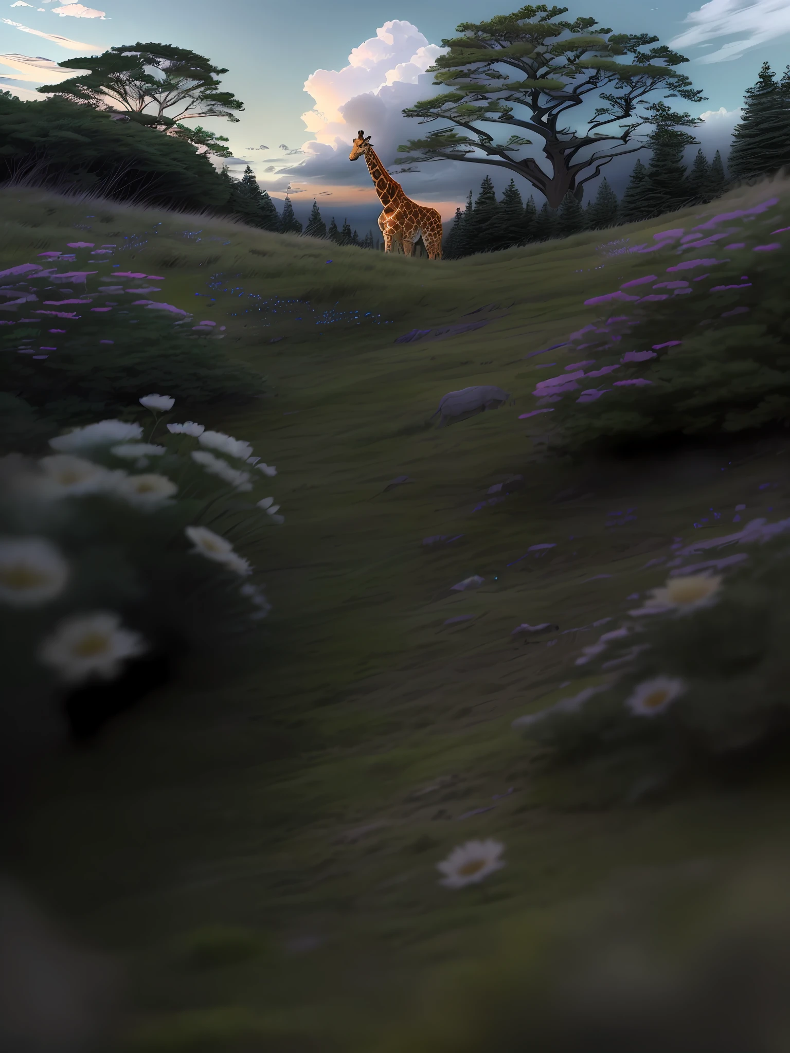 there is a giraffe standing on a grassy hill with a sky background, low angle 8k hd nature photo, low angle wide shot, photo taken with sony a7r camera, taken with sony a7r camera, shot with a canon 20mm lens, shot on gopro9, captured with sony a3 camera, photo taken with canon 5d