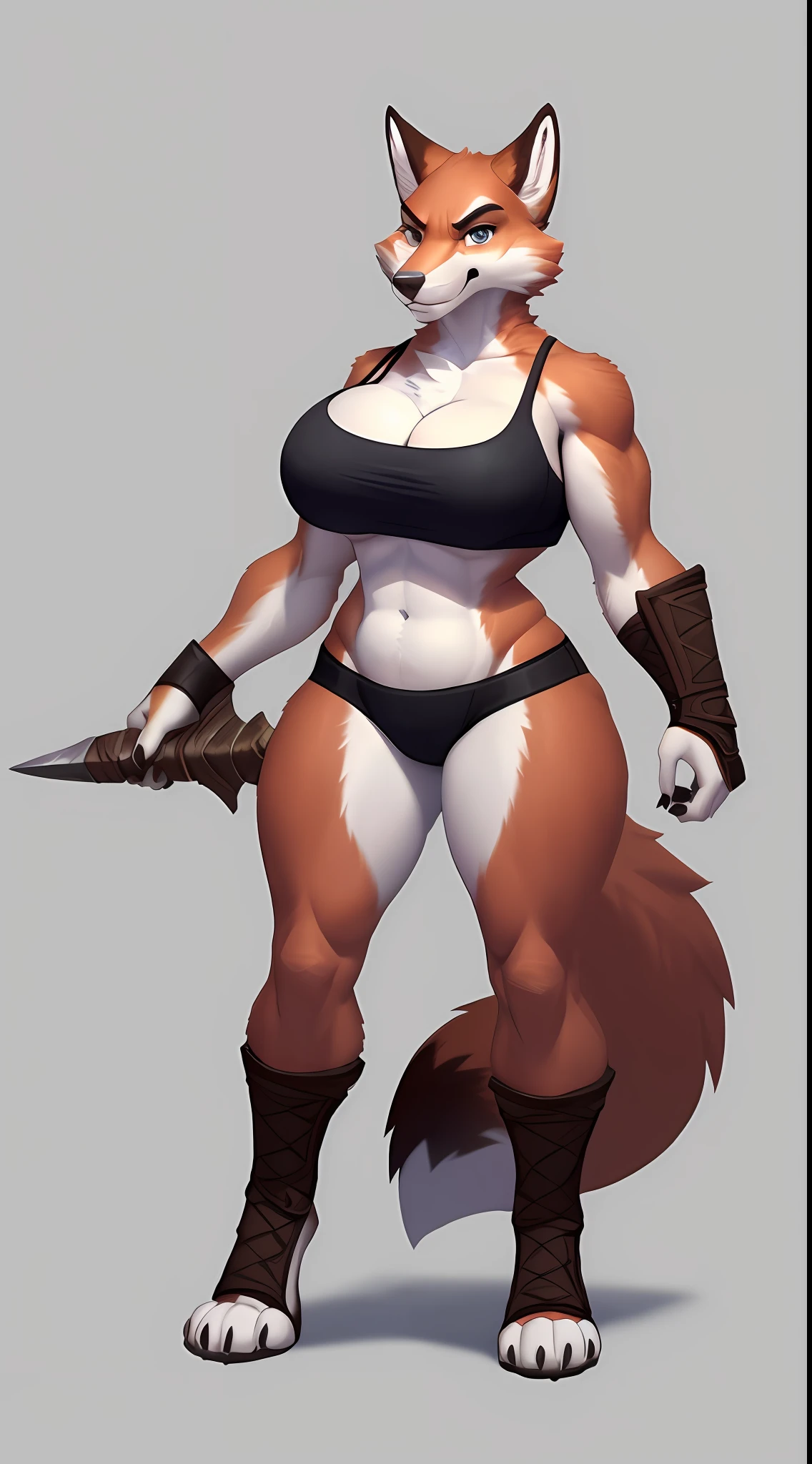 (Fox), (brown fur), anthro, (wearing crop top), two toned fur, high detail, white belly, high resolution, raw photo, gray background, 1girl, solo, (hyper huge breasts), high quality, hi res, sharp, detailed body, detailed, cartoony, ((looking at viewer)), (angry), thick thighs, thin, skinny, full body, whole body, ((full body portrait)), far away, (((full body concept))), Medieval, rpg, small waist, (nipple slip)