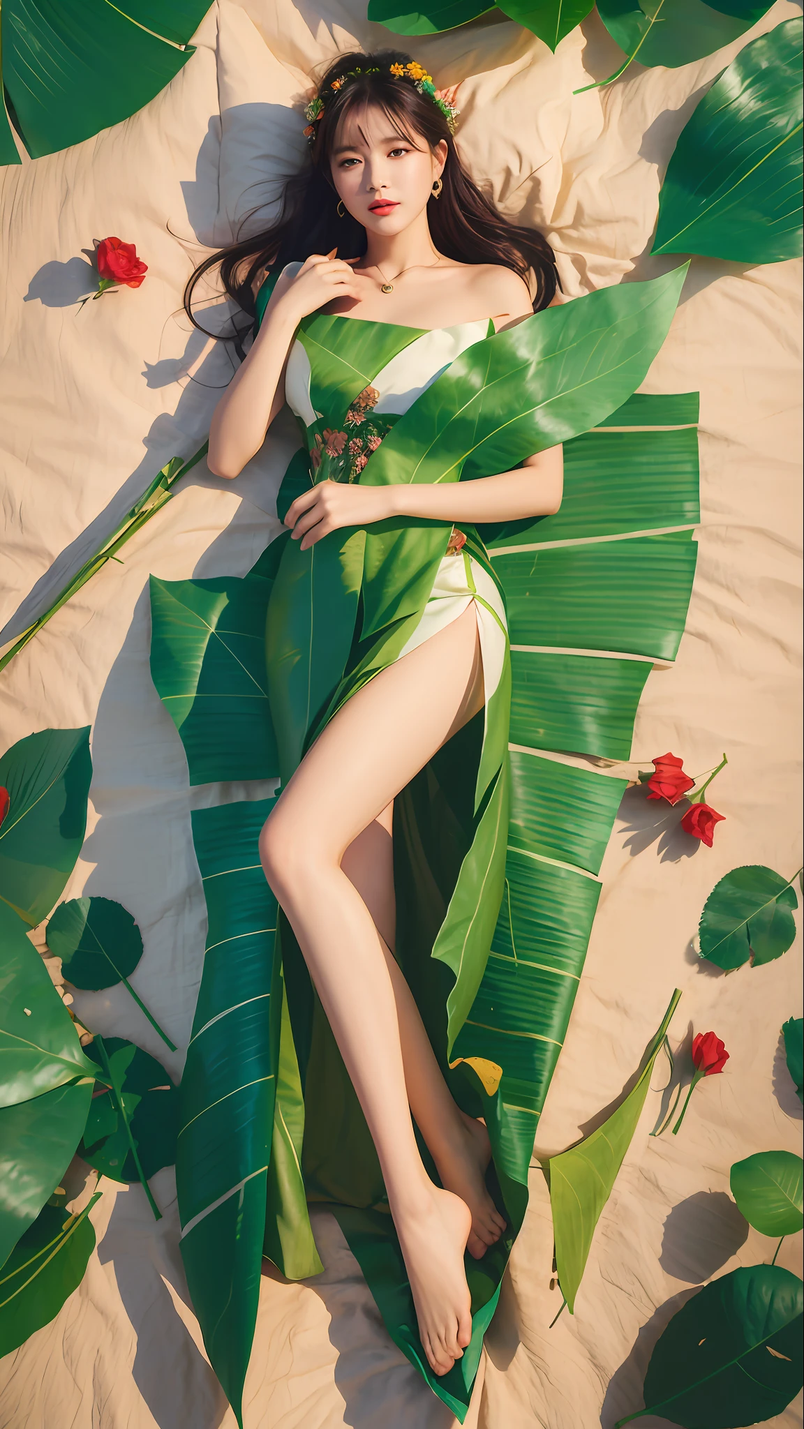arafed woman laying on a bed of leaves and flowers, jingna zhang, dress made of green leaves, inspired by Fei Danxu, dress made of leaves, by Fei Danxu, dress of leaves, goddess of summer, by Qian Gu, by Russell Dongjun Lu, inspired by Ren Hang, inspired by Pan Yuliang, by Galen Dara