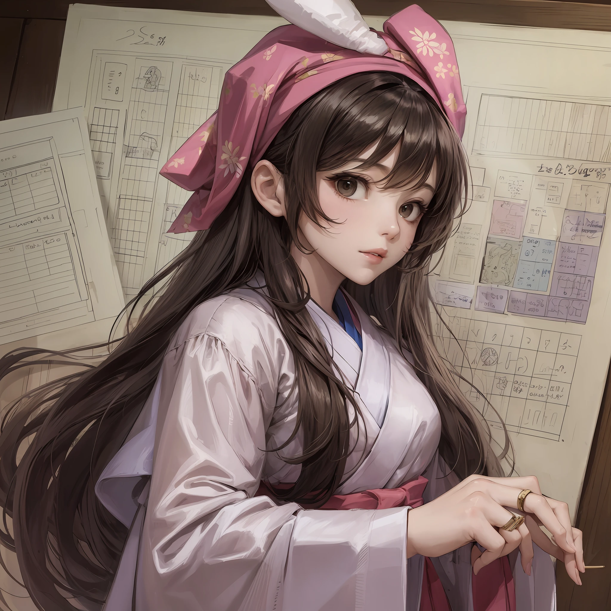 Draw a cute woman with a tuber, a character sheet, a hanbok with a colored jersey ring, a headscarf on her head, and bunny ears --auto --s2