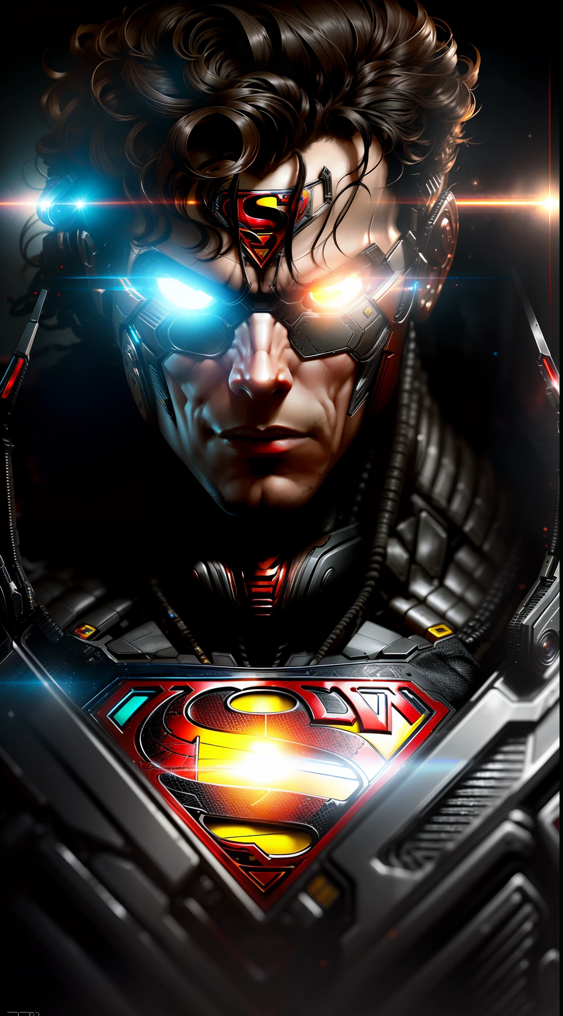 Superman from DC photography, biomechanical, complex robot, full-length, hyper-realistic, insane fine details, extremely clean lines, cyberpunk aesthetic, masterpiece featured at Zbrush Central