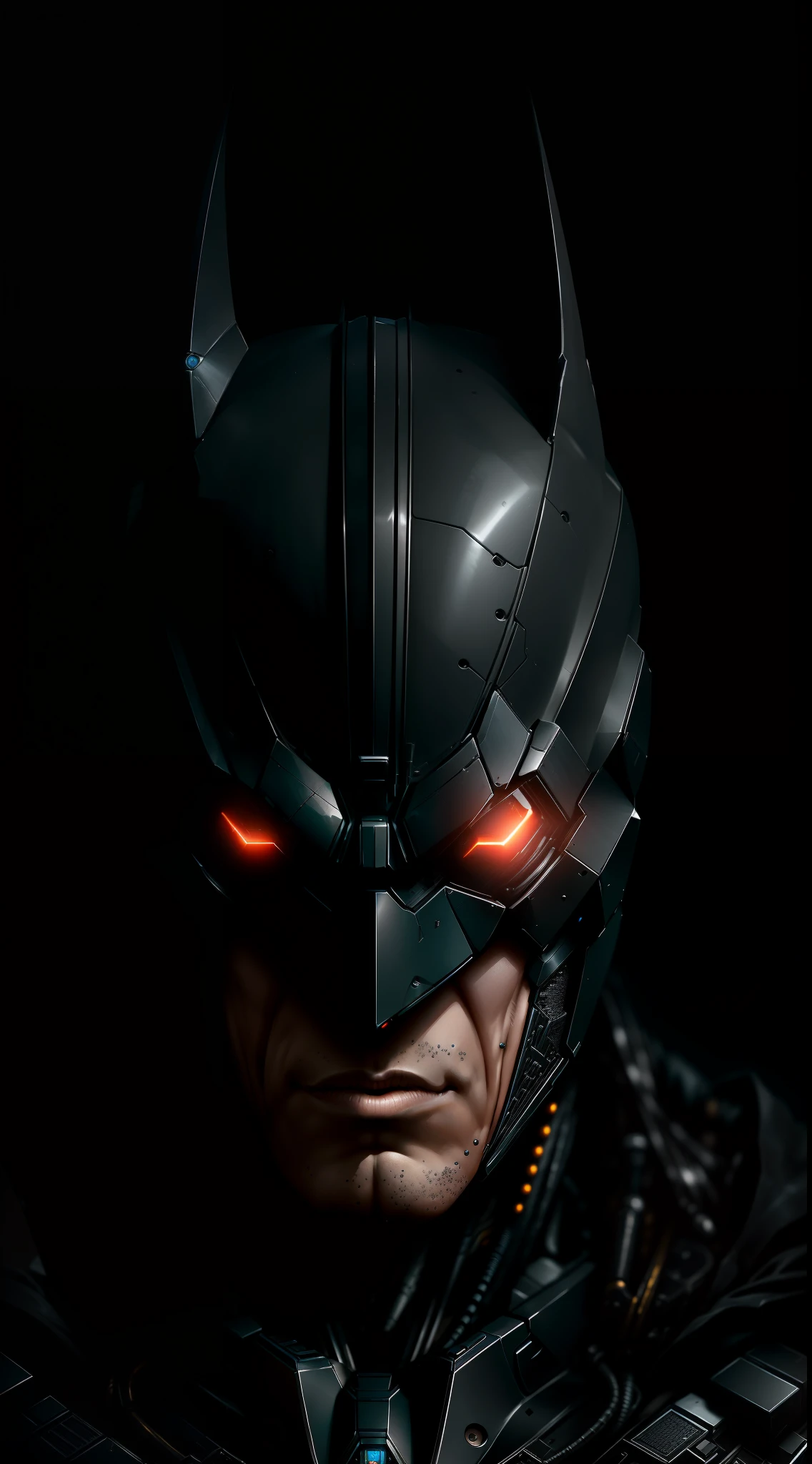 Batman from DC photography, biomechanical, complex robot, full growth, hyper-realistic, insane small details, extremely clean lines, cyberpunk aesthetic, masterpiece featured on Zbrush Central