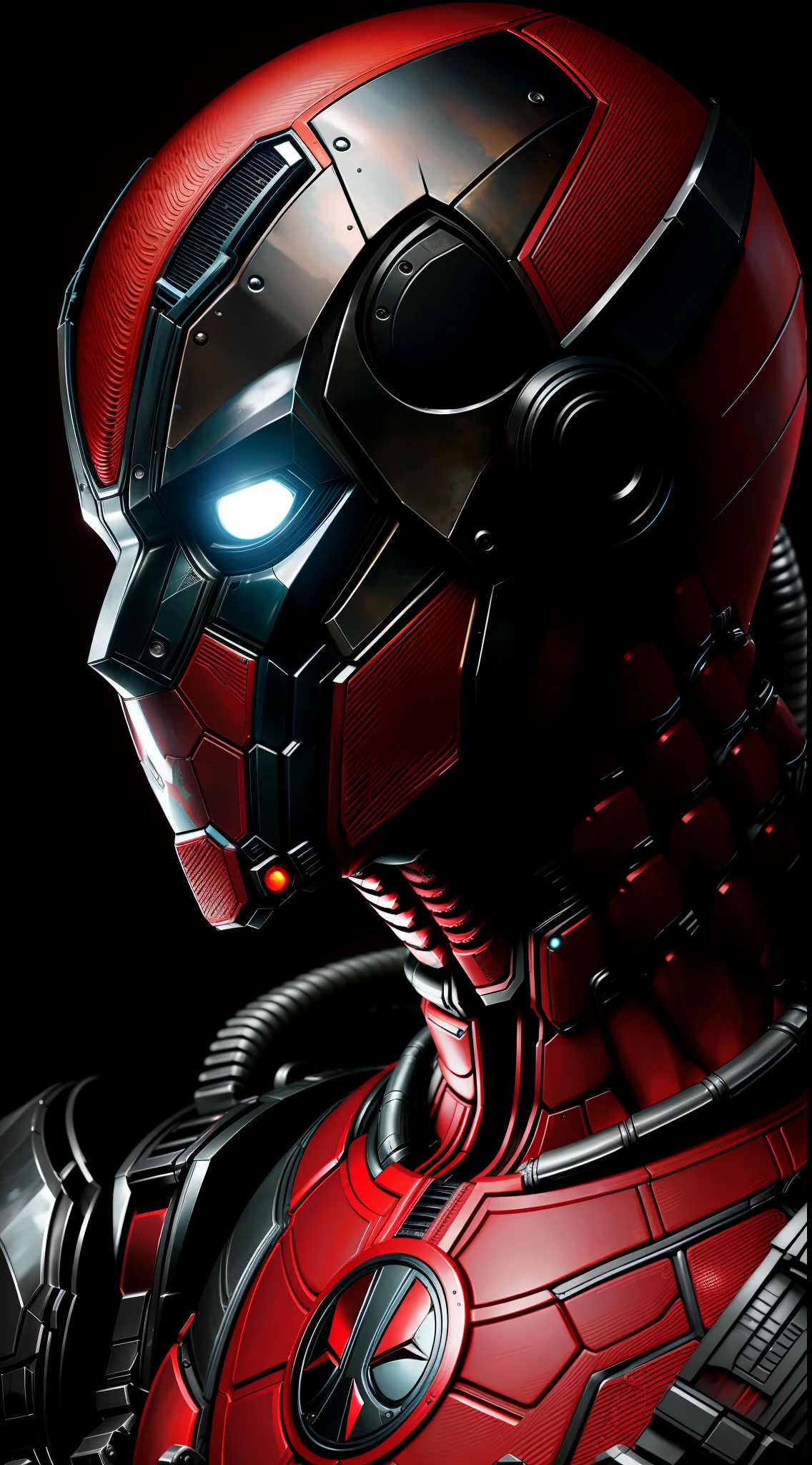 Deadpool from Marvel photography, biomechanical, complex robot, full growth, hyper-realistic, insane small details, extremely clean lines, cyberpunk aesthetic, masterpiece featured on Zbrush Central