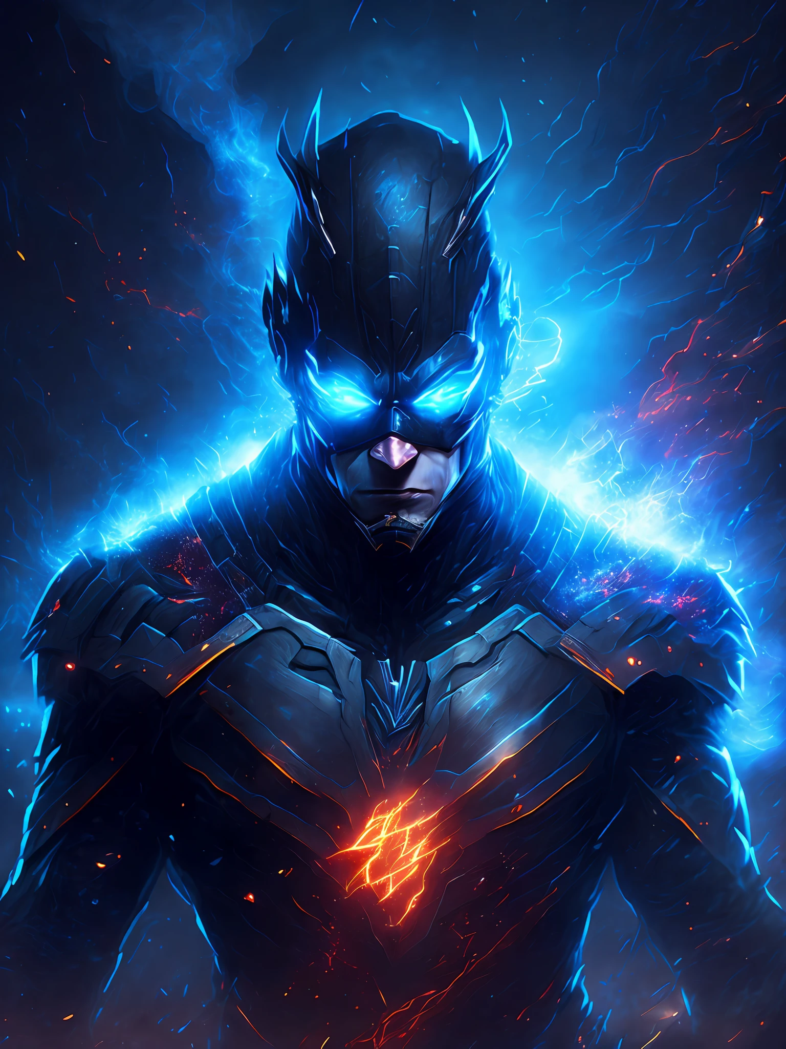 gloomy portrait of God Black Flash from DC, extremely detailed, futuristic cityscape, nighttime, glowing neon lights, smoke, sparks, metal shavings, flying debris, blue energy effects, volumetric light