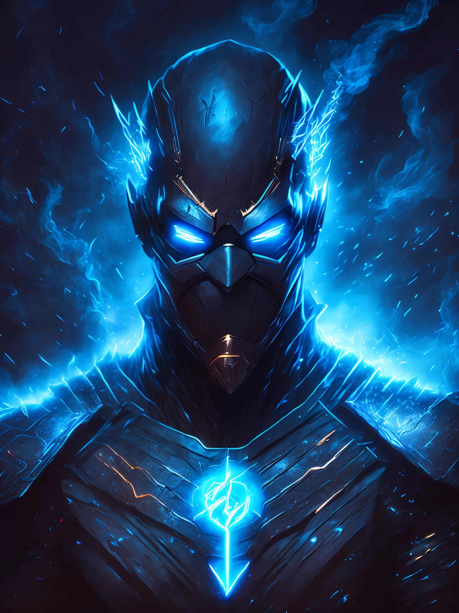 gloomy portrait of God Black Flash from DC, extremely detailed, futuristic cityscape, nighttime, glowing neon lights, smoke, sparks, metal shavings, flying debris, blue energy effects, volumetric light