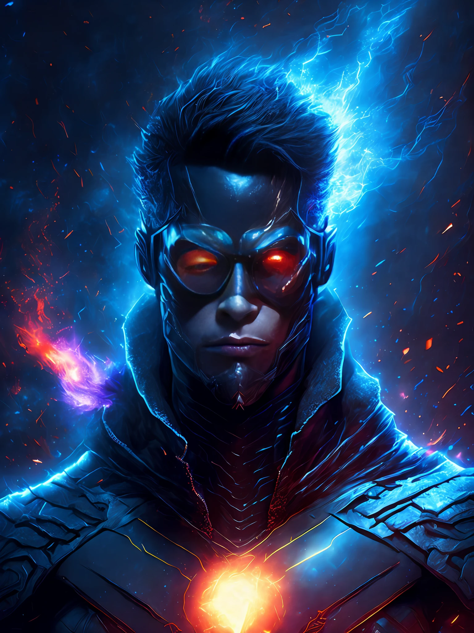 gloomy portrait of God Black Flash from DC, extremely detailed, futuristic cityscape, nighttime, glowing neon lights, smoke, sparks, metal shavings, flying debris, blue energy effects, volumetric light