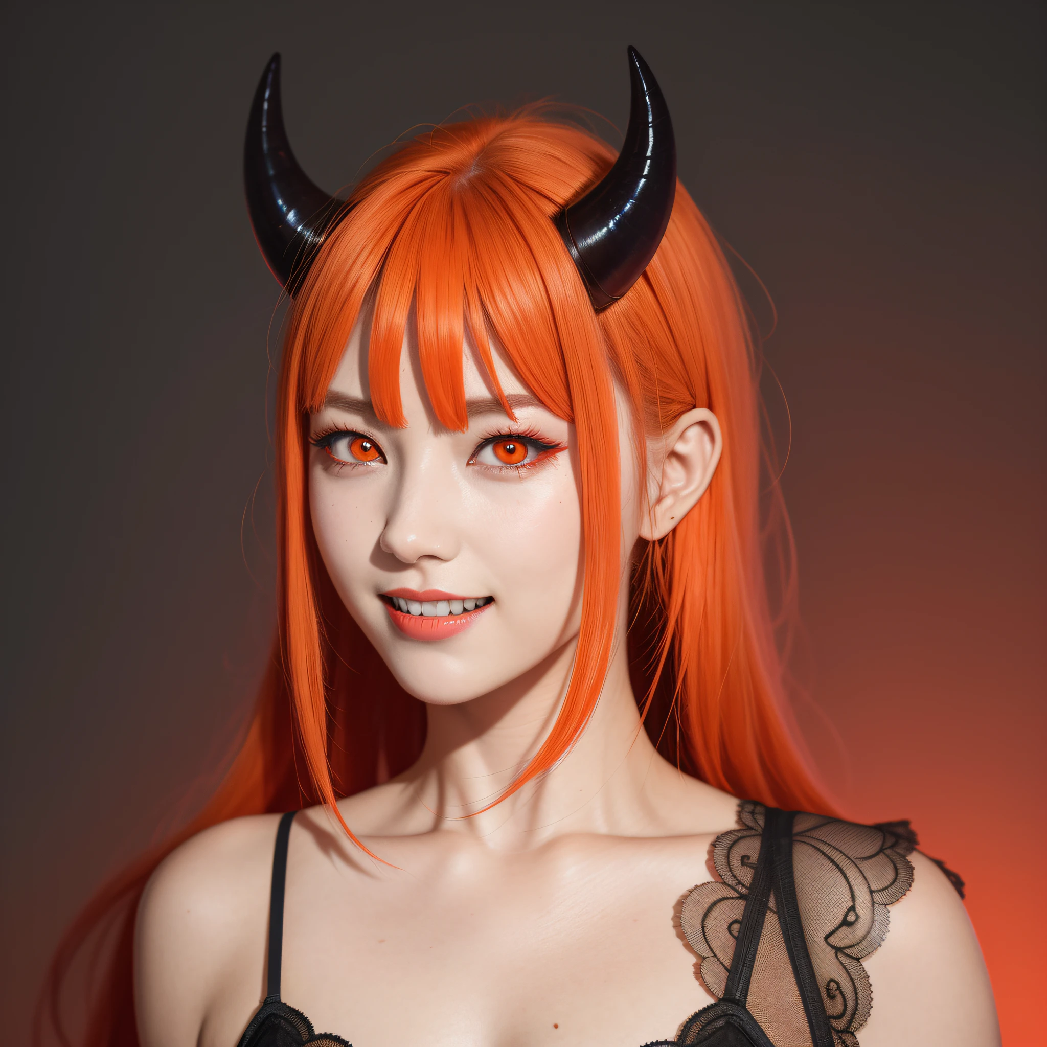 (8k, RAW photo, best quality, masterpiece: 1.2), (realistic, photorealistic: 1.37) BoBa 1girl, demon_girl, demon_horns, tusks, gradient, gradient_background, grey_background, hair_between_eyes, horns, black lingerie, long_hair, looking_at_viewer, power_\(chainsaw_man\), red_eyes, red_horns, sharp_teeth, smile, soil, sharp teeth, upper_body, light orange hair, orange eyes