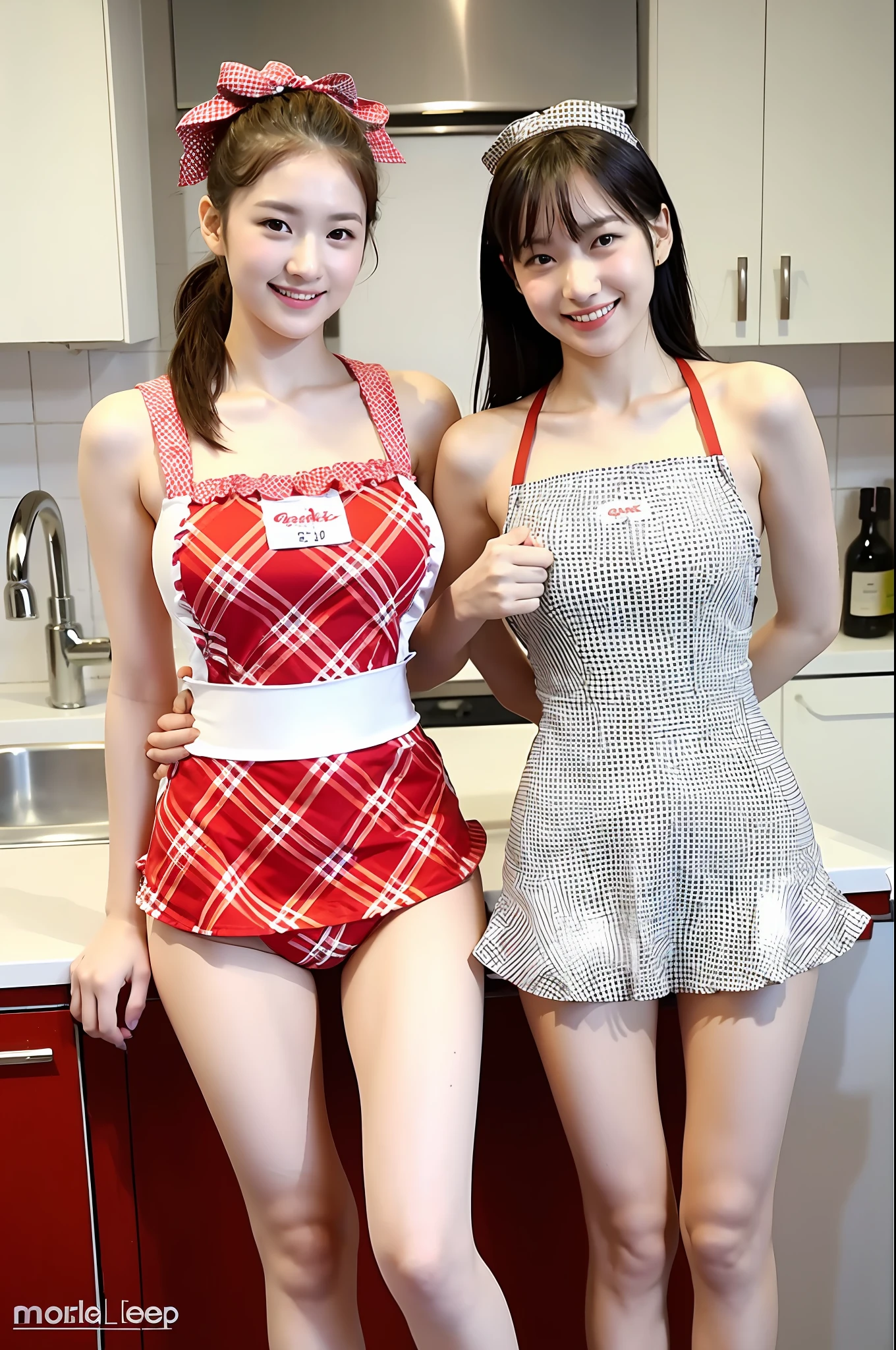 ((Girl in red and white plaid high-leg one-piece school swimsuit and maid top)),teen,smile,(boy in apron),two standing,kitchen