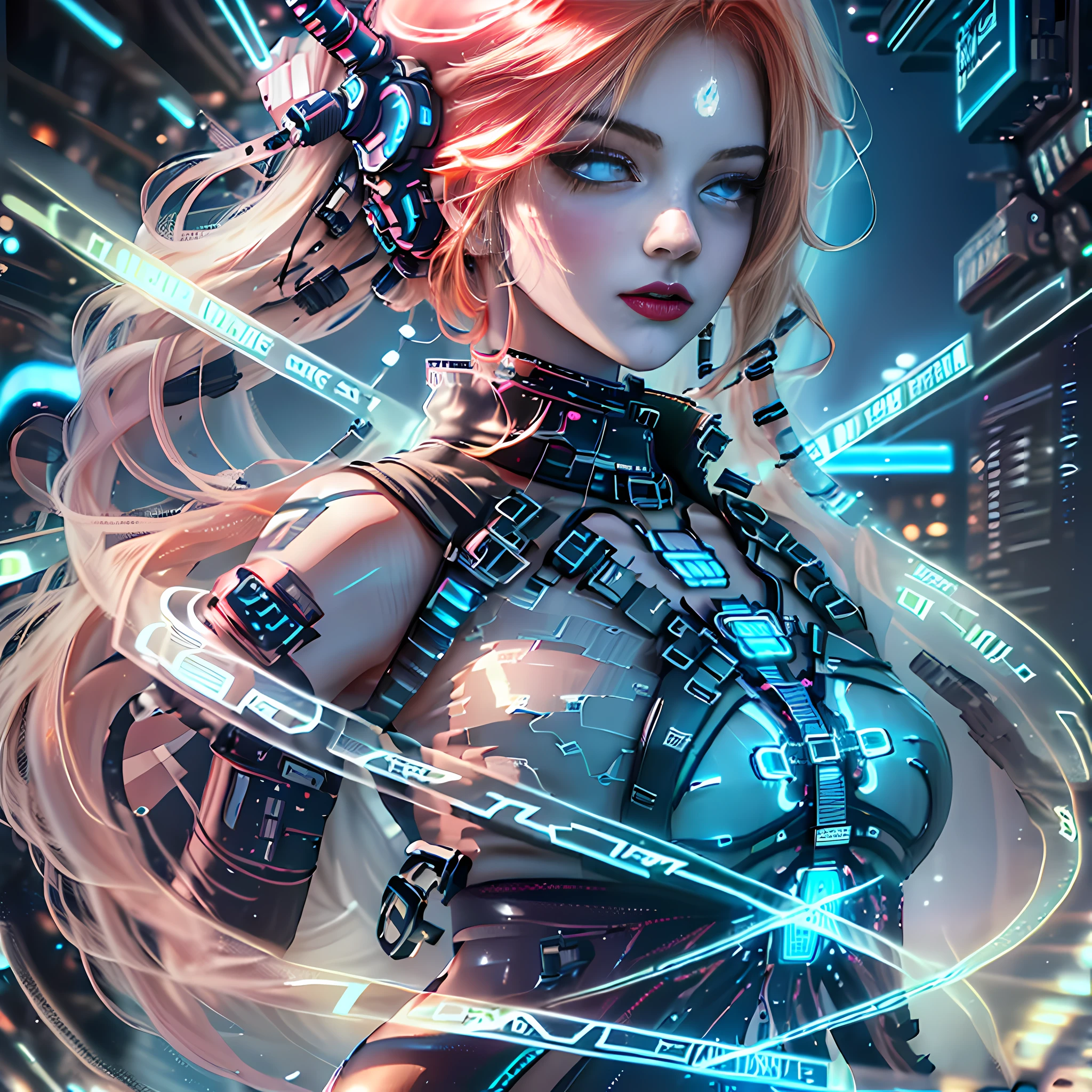 [best quality, ultra-detailed CG art:1.2],floating,mysterious scene, neon lights, shrouded in fog, techpunk aesthetics,androgynous figure, beautiful eyes, cyber makeup, vibrant hair:strawberry blonde, embedded with circuits, electric blue streaks,dynamic pose,glowing surroundings, energy distortion,ptercodactyl, night sky. --auto --s2