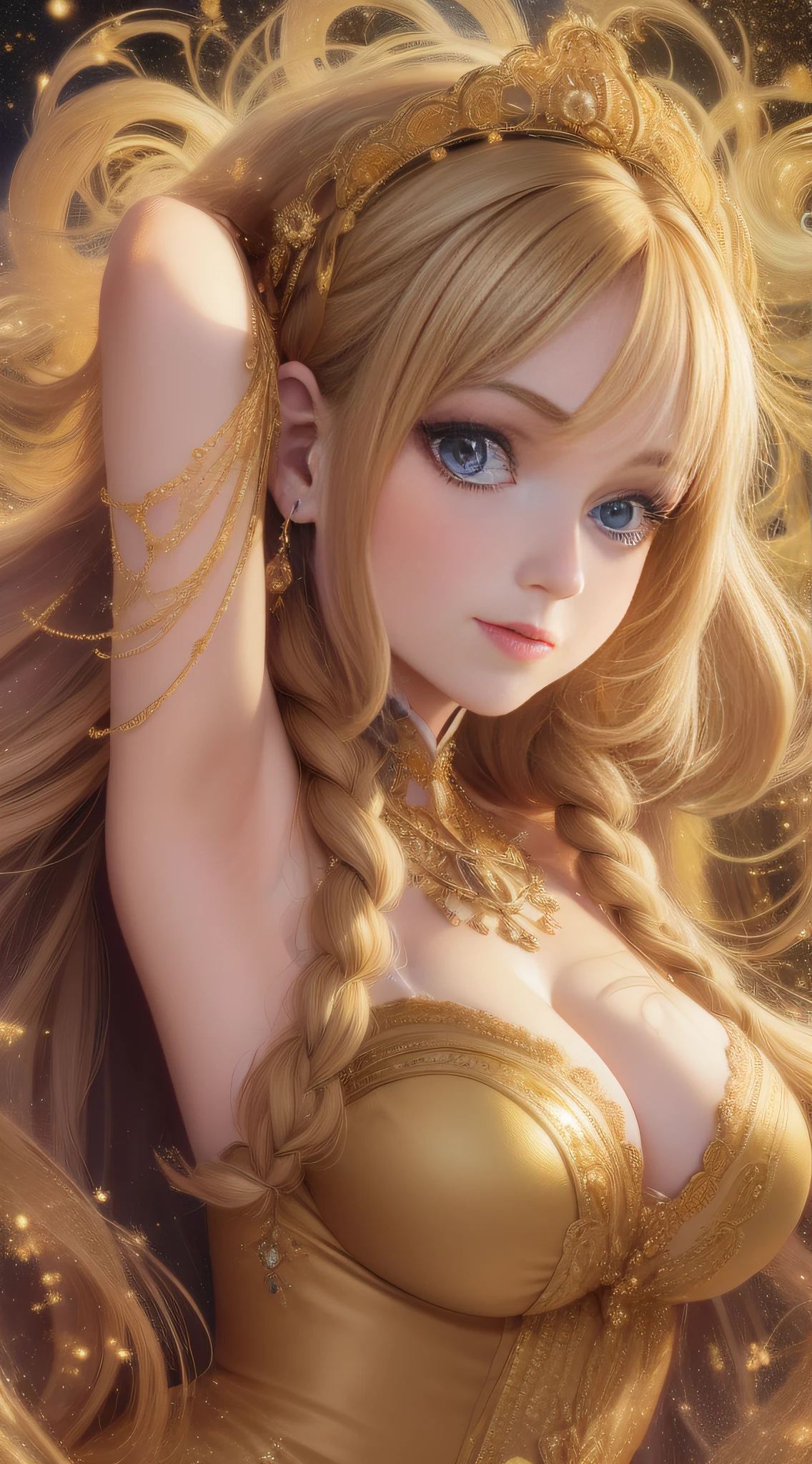 best quality, masterpiece, upper body,
(adult:1.6) hungarian woman, (smirk:0.4), arms behind head,
braided golden hair,
sparkling eyes,
victorian sundress,
 floating light particles, centered,