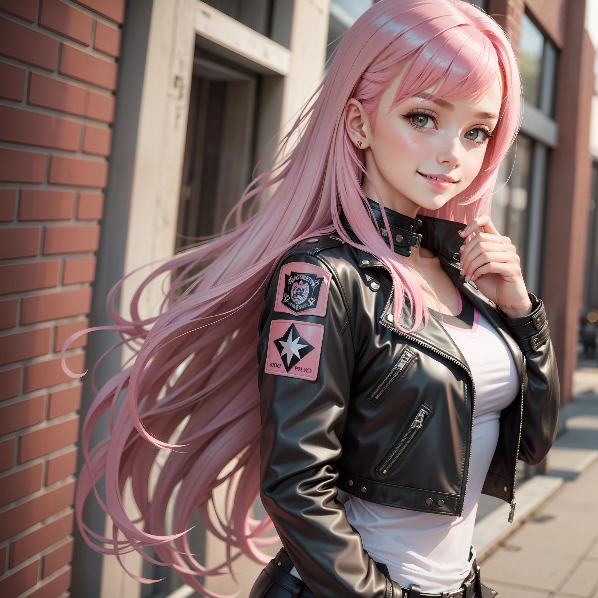 Leather jacket over uniform girl smile school top quality masterpiece beauty pink hair long hair