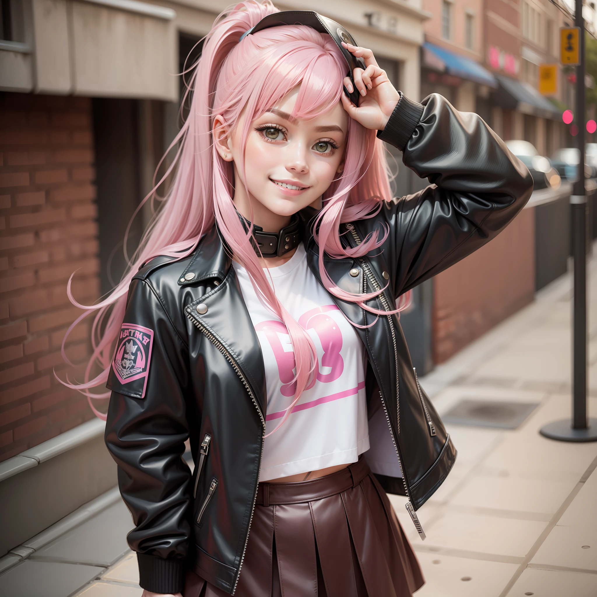 Leather jacket over uniform girl smile school top quality masterpiece beauty pink hair long hair