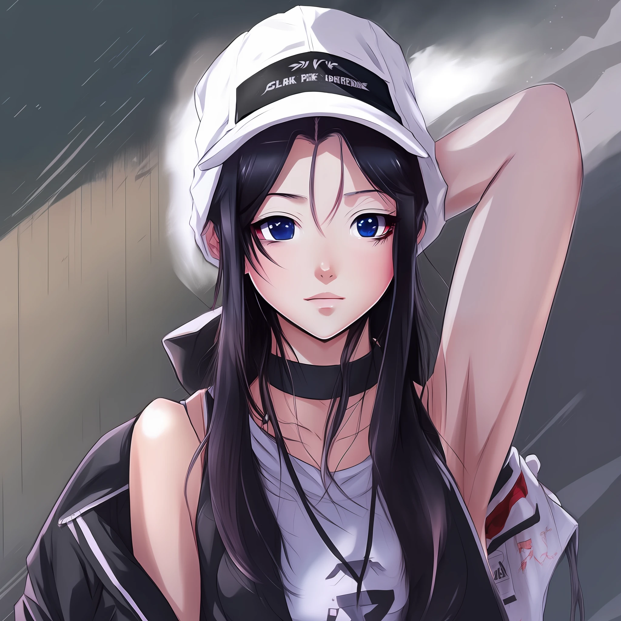 Girl with long black hair in cap with a loose black jacket on the shoulders and a thin strap white tank top (anime style) --auto --s2