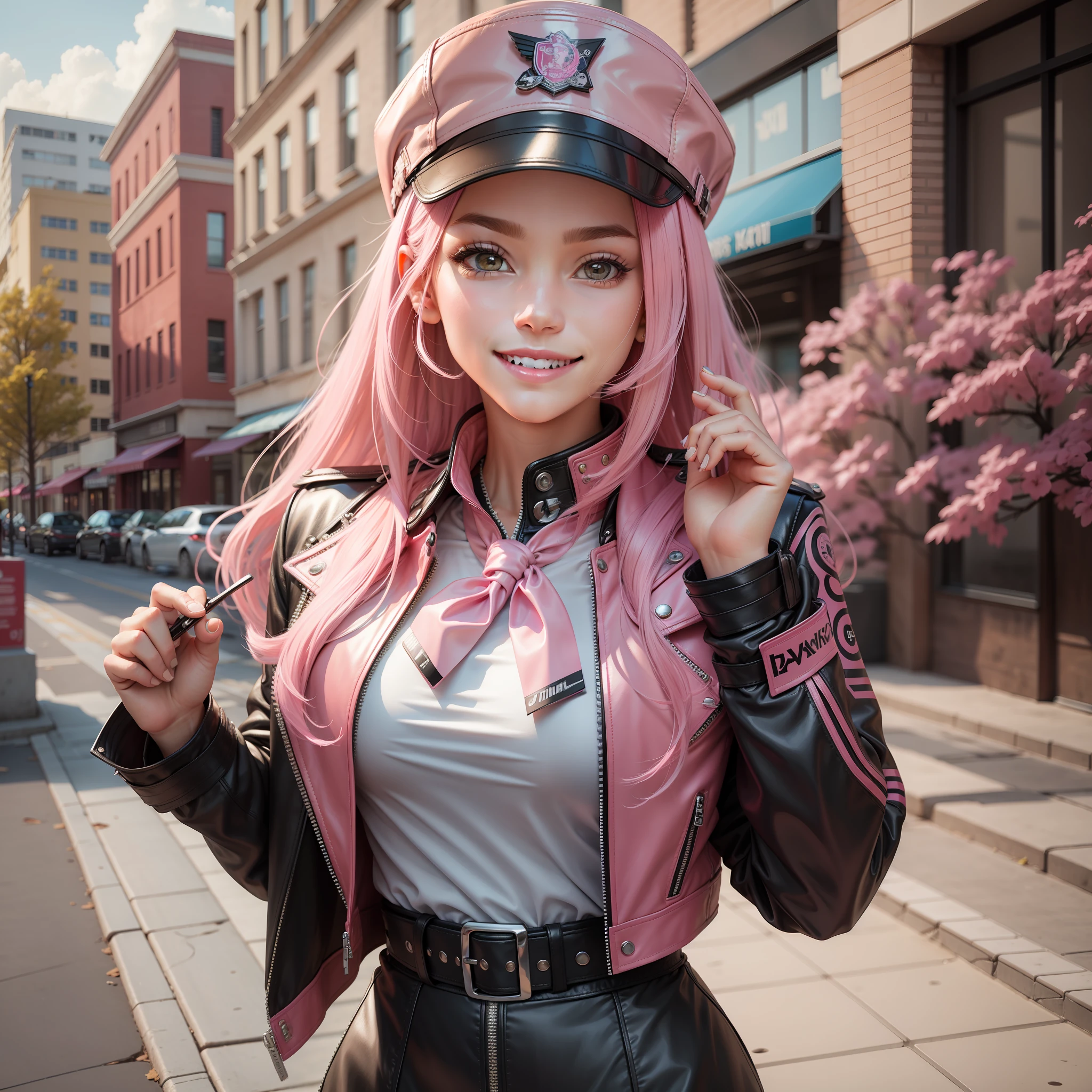 Leather jacket over uniform girl smile school top quality masterpiece beauty pink hair long hair