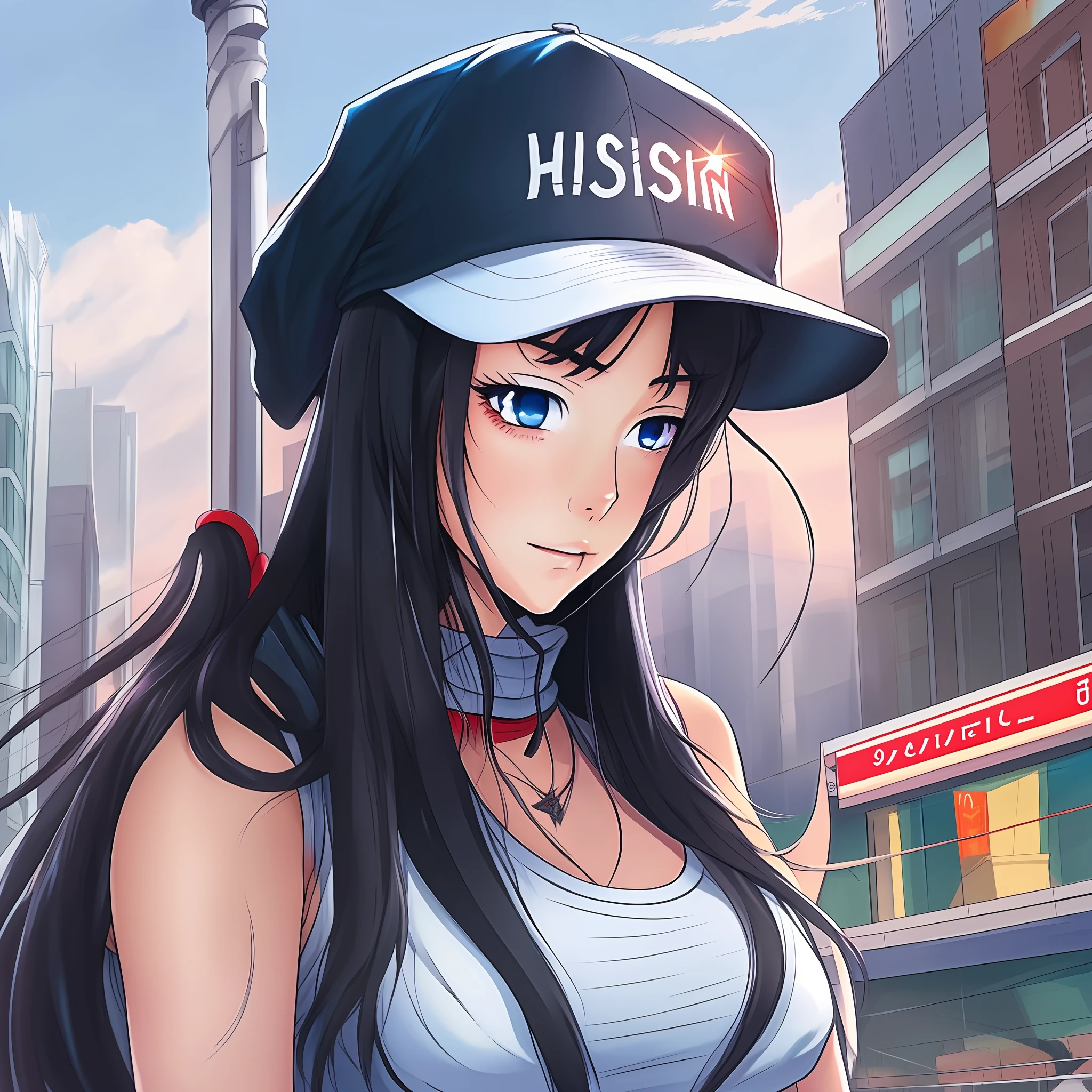 Girl with long black hair in cap with a loose black jacket on the shoulders and a thin strap white tank top (anime style) --auto --s2