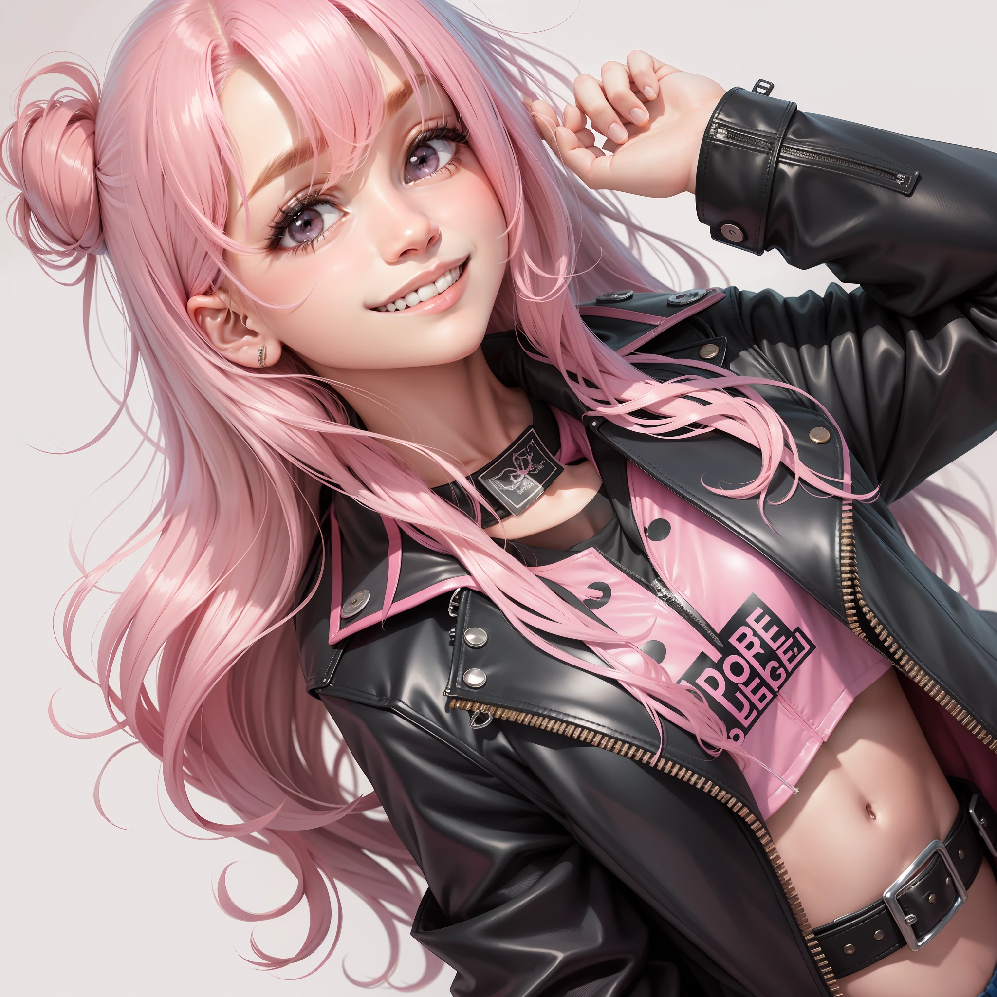 Leather jacket over uniform girl smile school top quality masterpiece beauty pink hair long hair