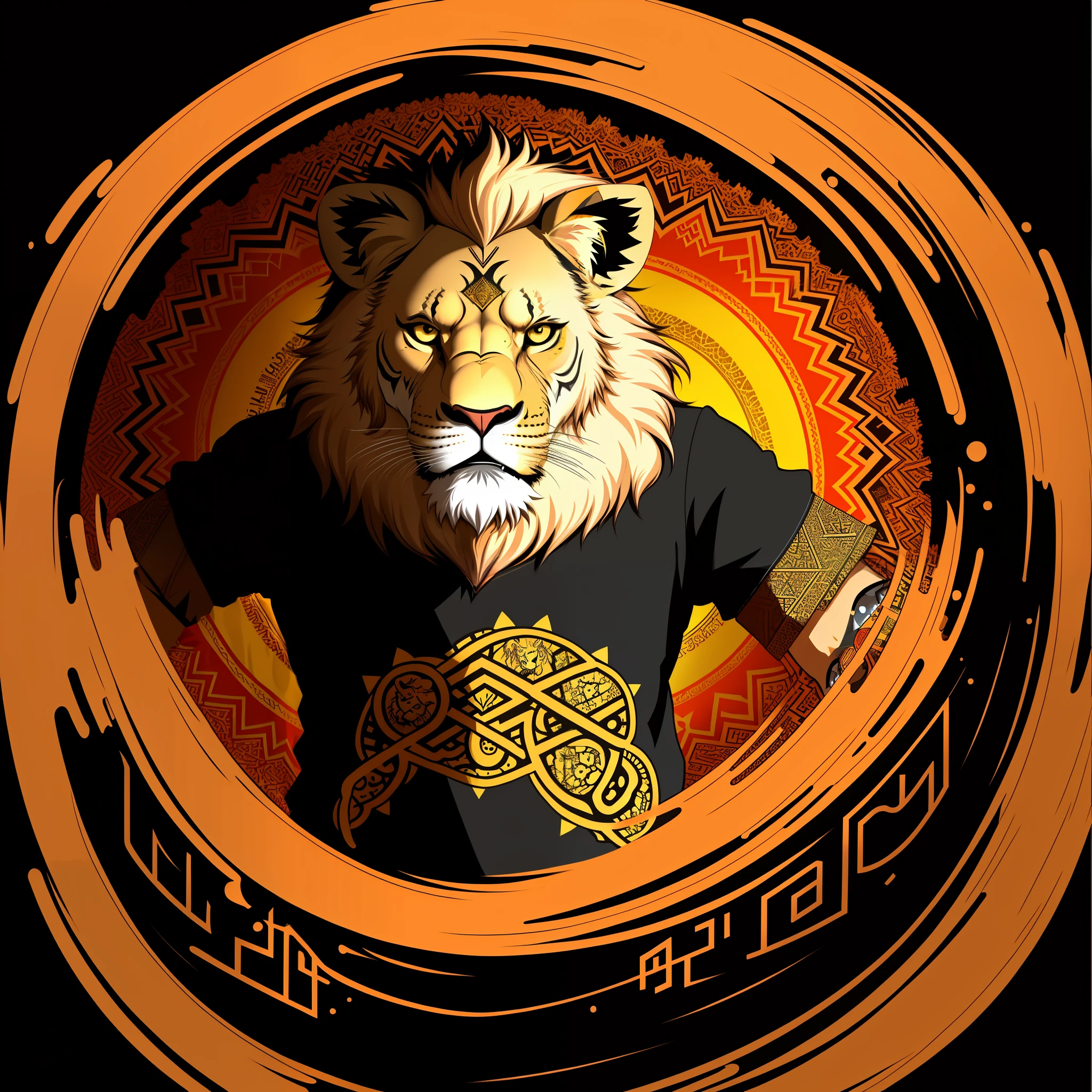 Vector design for a tshirt on a black background. Design includes ::lion::, dressed in Moroccan, realistic, punkcore, bright colors, detailed design, pixar, colorful