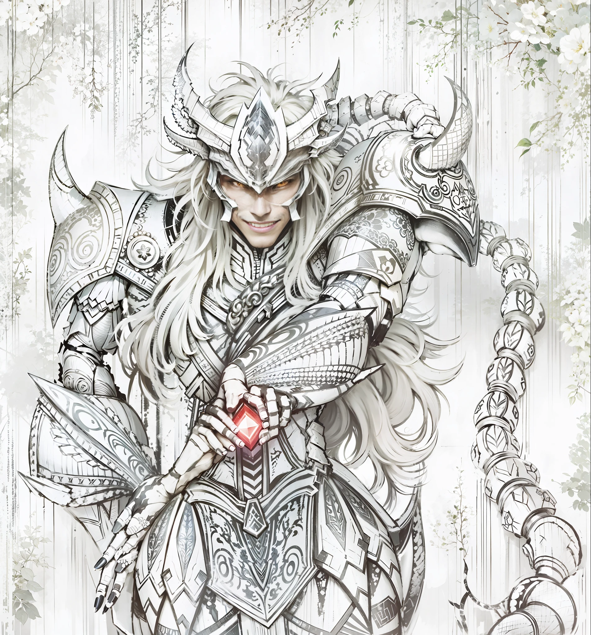 A man in armor, gorgeous patterned armor, evil smile, right hand stroking his head, sitting on a stone, 8K, realism, correct anatomy, perfect limbs, perfect fingers, blurred background, soft light