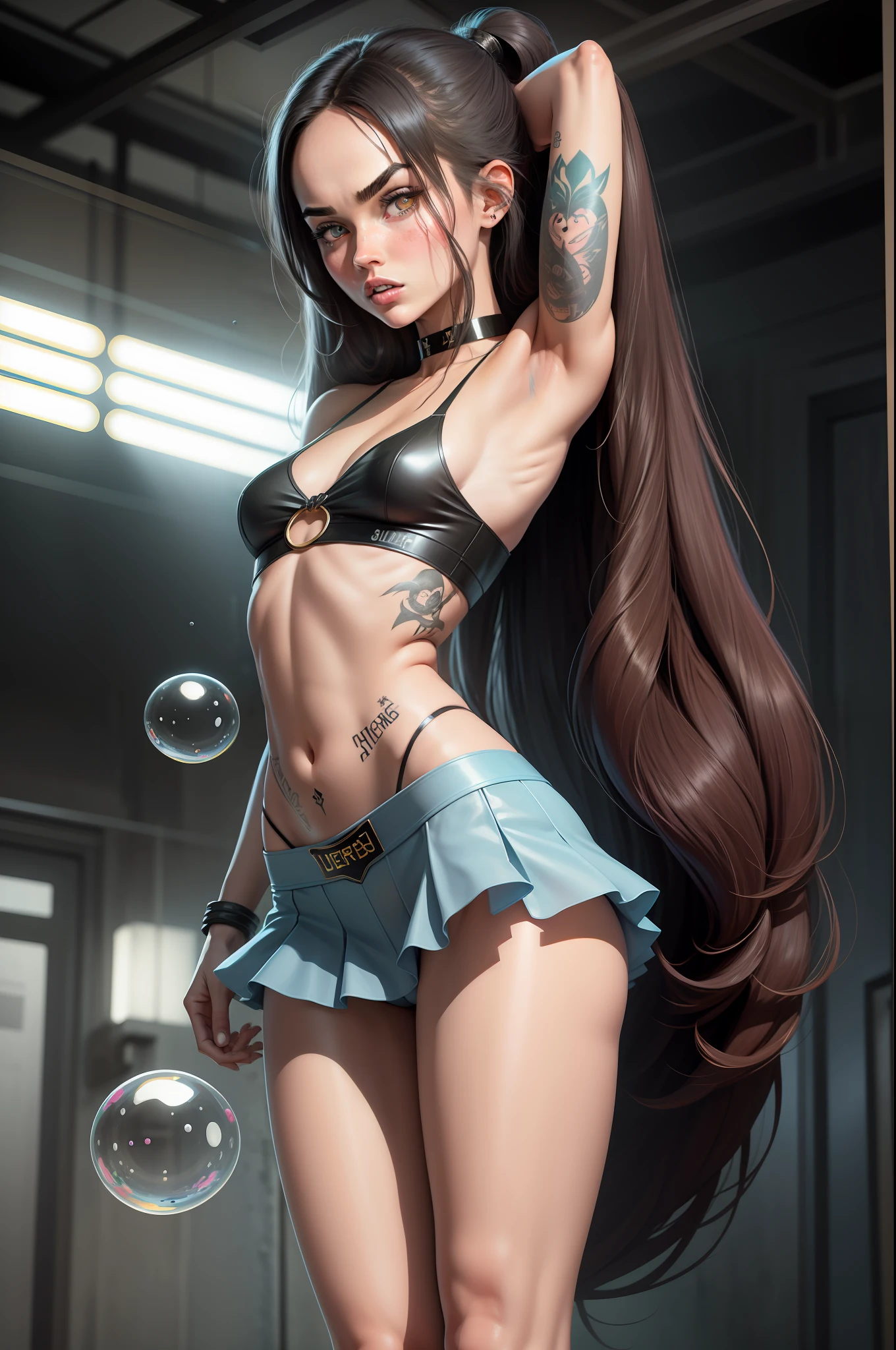 Megan Fox, tall detail, 8k, long hair, 2girl, bubble ass, short top, mini skirt, choker, small, thigh tattoo, cameltoe, bend over
