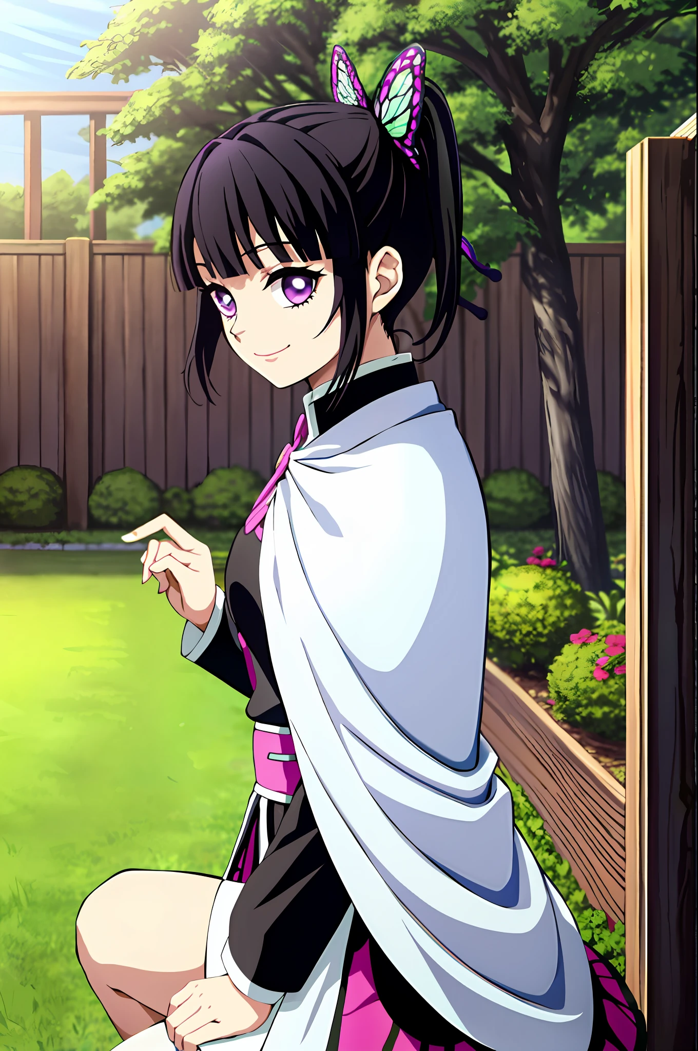 kimetsu no yaiba style, 1girl, butterfly hair ornament, hair ornament, butterfly, bug, black demon slayer uniform, solo, purple eyes, side ponytail, butterfly on hand, smile, black hair, white cape, cape, outdoors, bangs, tree, fence, anime coloring, ((masterpiece))