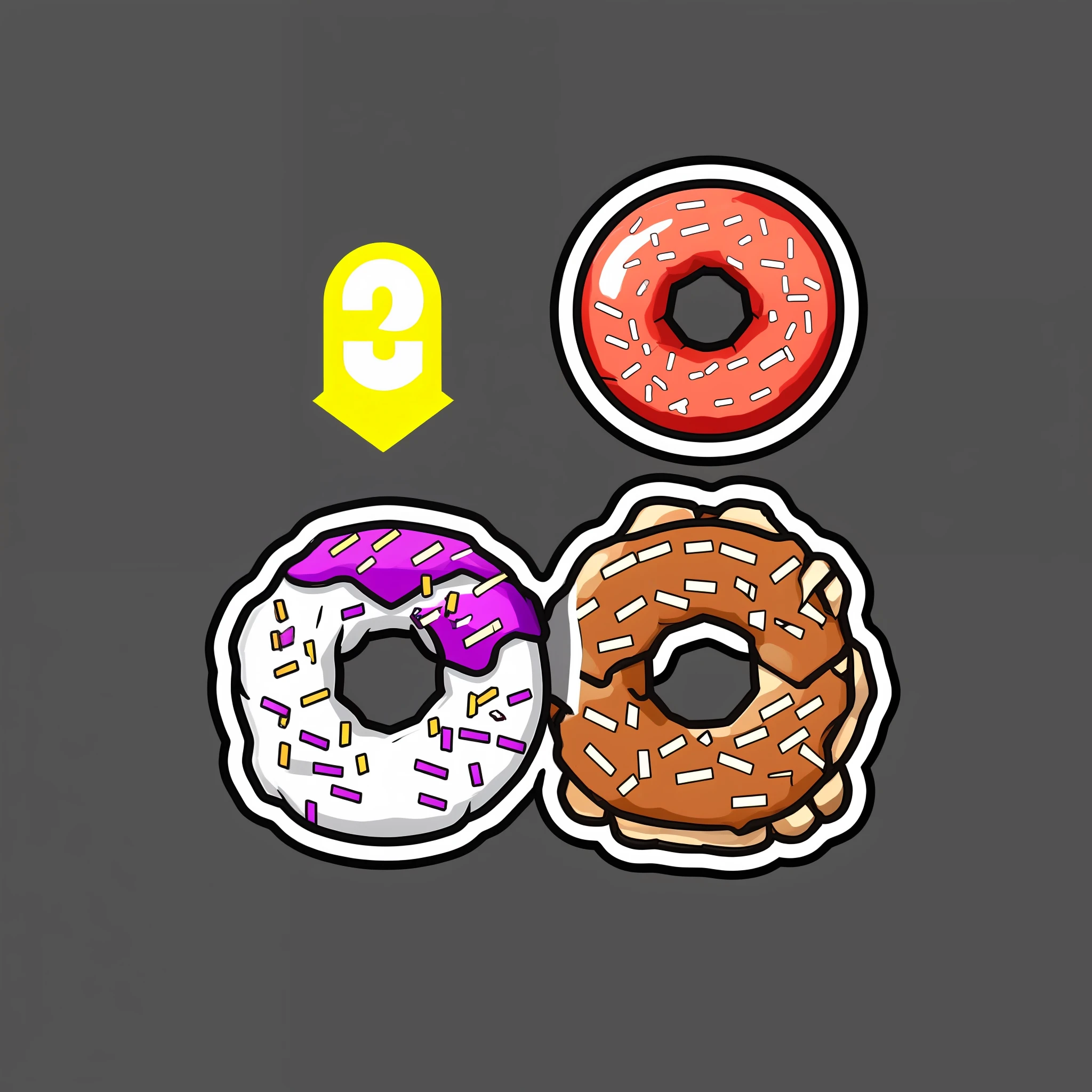 Donut character illustration for a sticker with black background, in the style of bold outline, trashcore, luminous shadowing --s750 --q2 --v6
