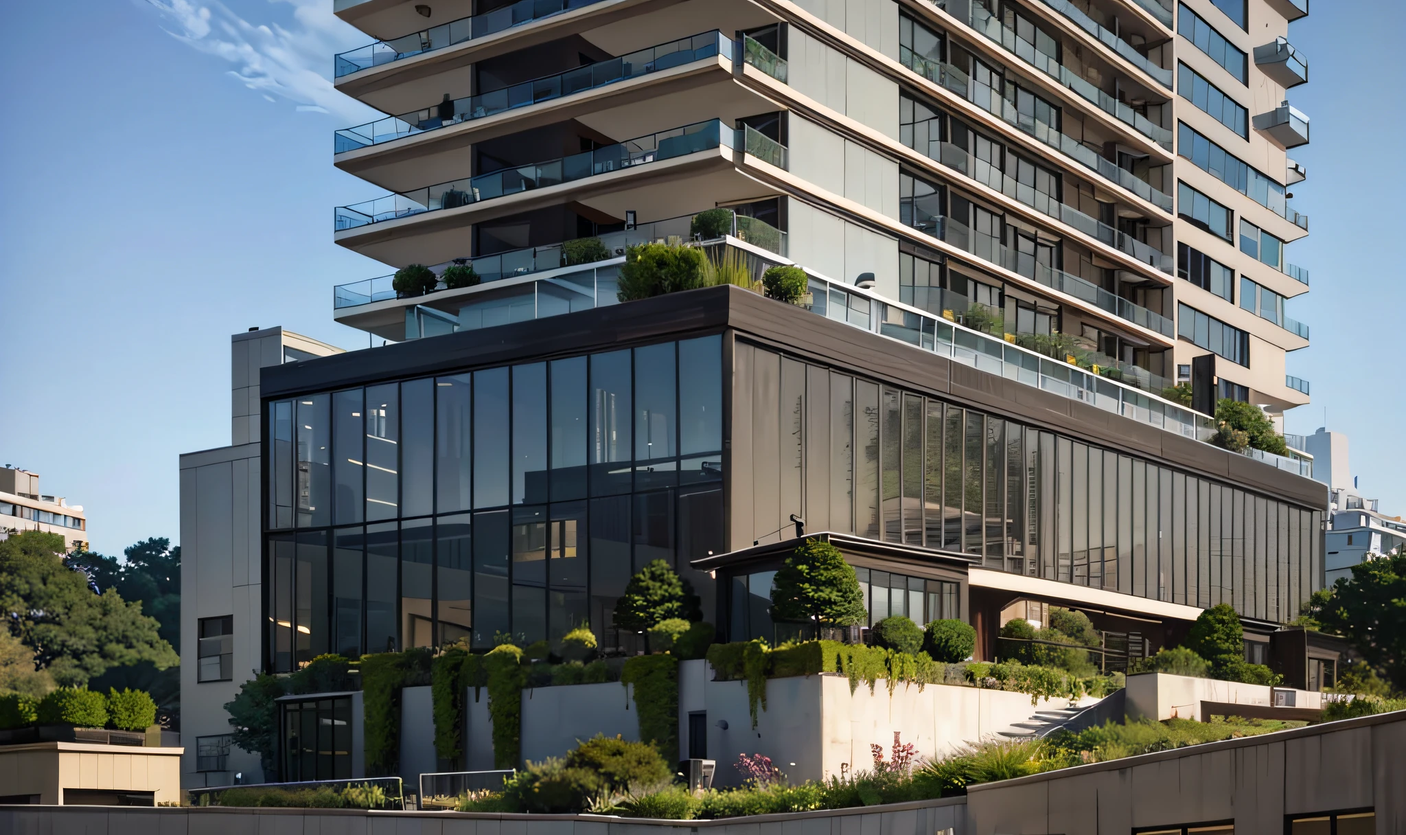 dskise, Building with plants on the balconies, a building of 10 floors, modern+, sustainable+, lush garden, ground floor commerce shopingg, complete building, façade with plants, sustainable, solar panel on the ceiling, rendering arqui9, day, cloud, realistic, masterpiece, winner of the cg society+ contest, high resolution, highly detailed, best quality, 32k+, motion blur, f/1.8, high quality, super detail, isometric cut,  cityscape, volumetric lighting, FXAA, l 8k, Greg Rutowski, (unreal engine), octane rendering, dskise, architectural rendering, an ultra realistic exterior, hyper-realistic, hyper-realistic, great angle