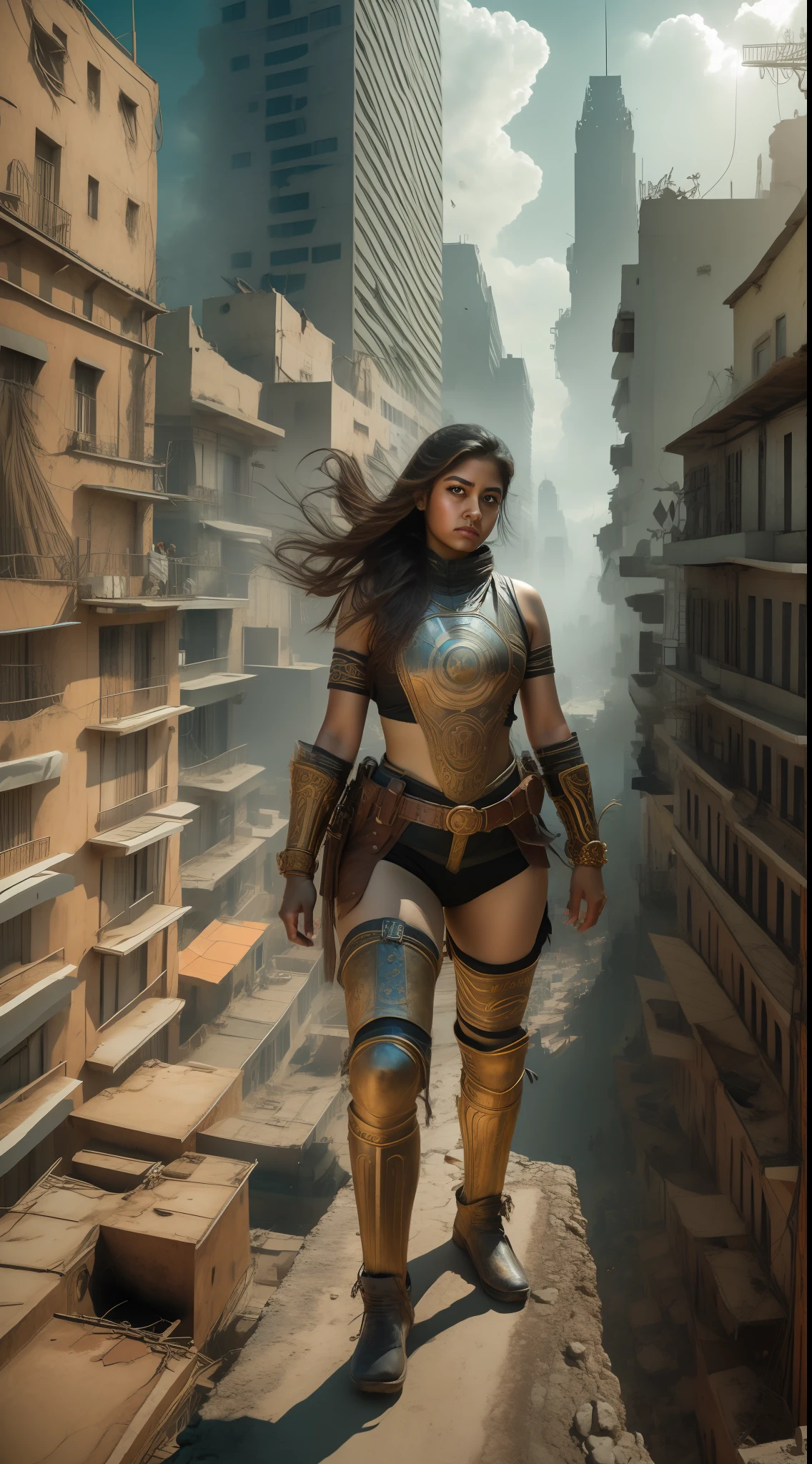 Selfie of 1 Mexican girl warrior 18 years,full body,perfect,8k surrealism, angle from bottom to top,in an apocalyptic city