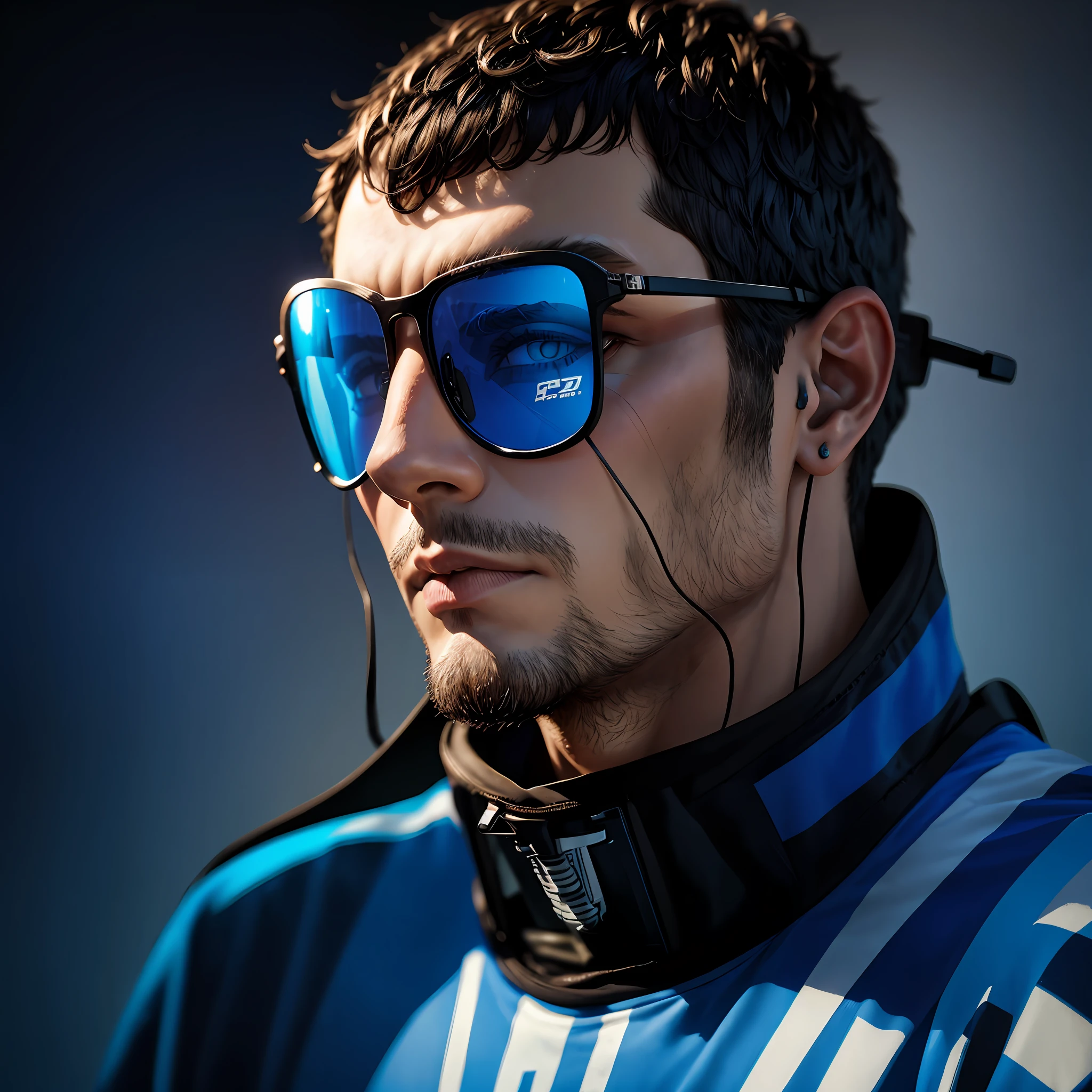 baterista em uma bateria azul usando camisa branca, oculos escuros, fundo neutro, professional lighting, 50k, ultra qualidade, realista --auto --s2