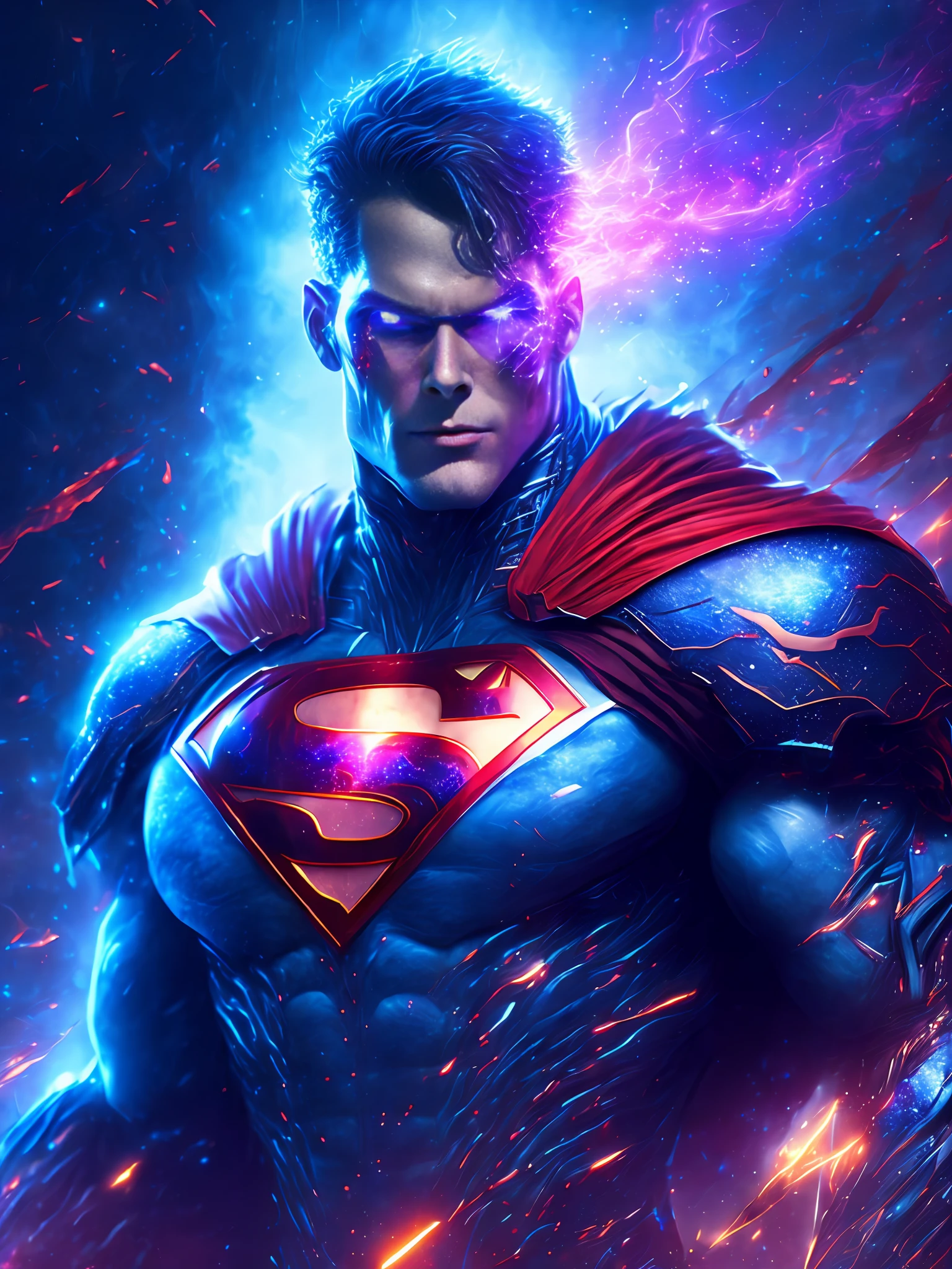 gloomy portrait of God Cyborg Superman from DC, extremely detailed, futuristic cityscape, nighttime, glowing neon lights, smoke, sparks, metal shavings, flying debris, blue energy effects, volumetric light